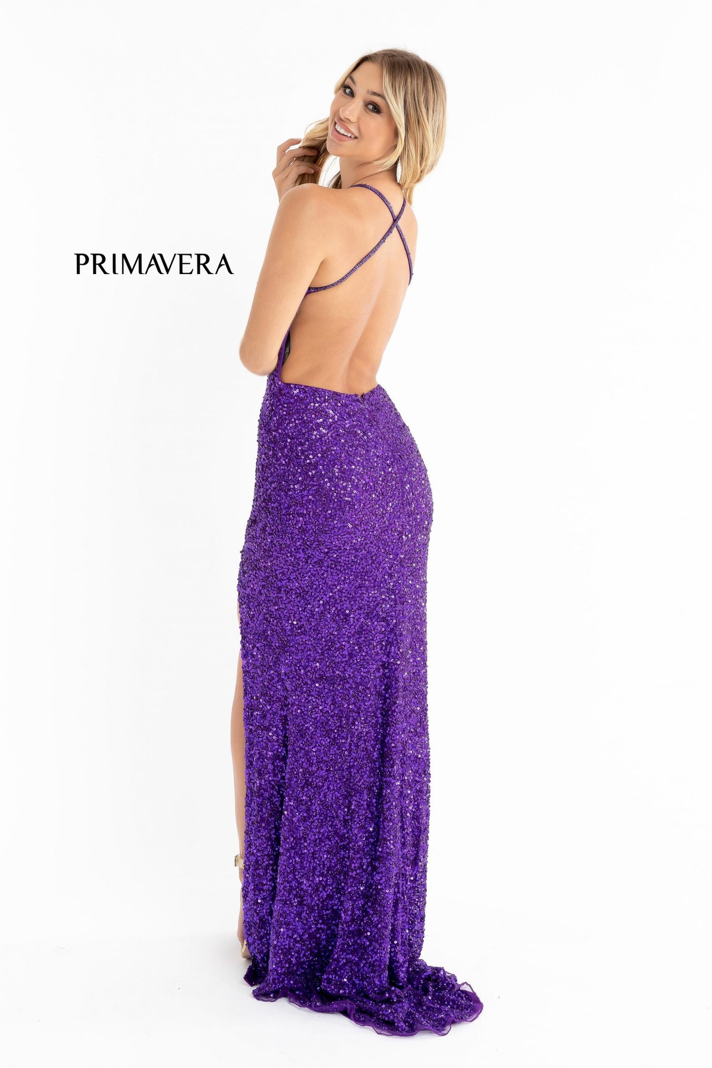 Primavera Couture 3291 Size 2 Purple Long Fitted Backless Sequin Prom Dress Formal Gown Slit