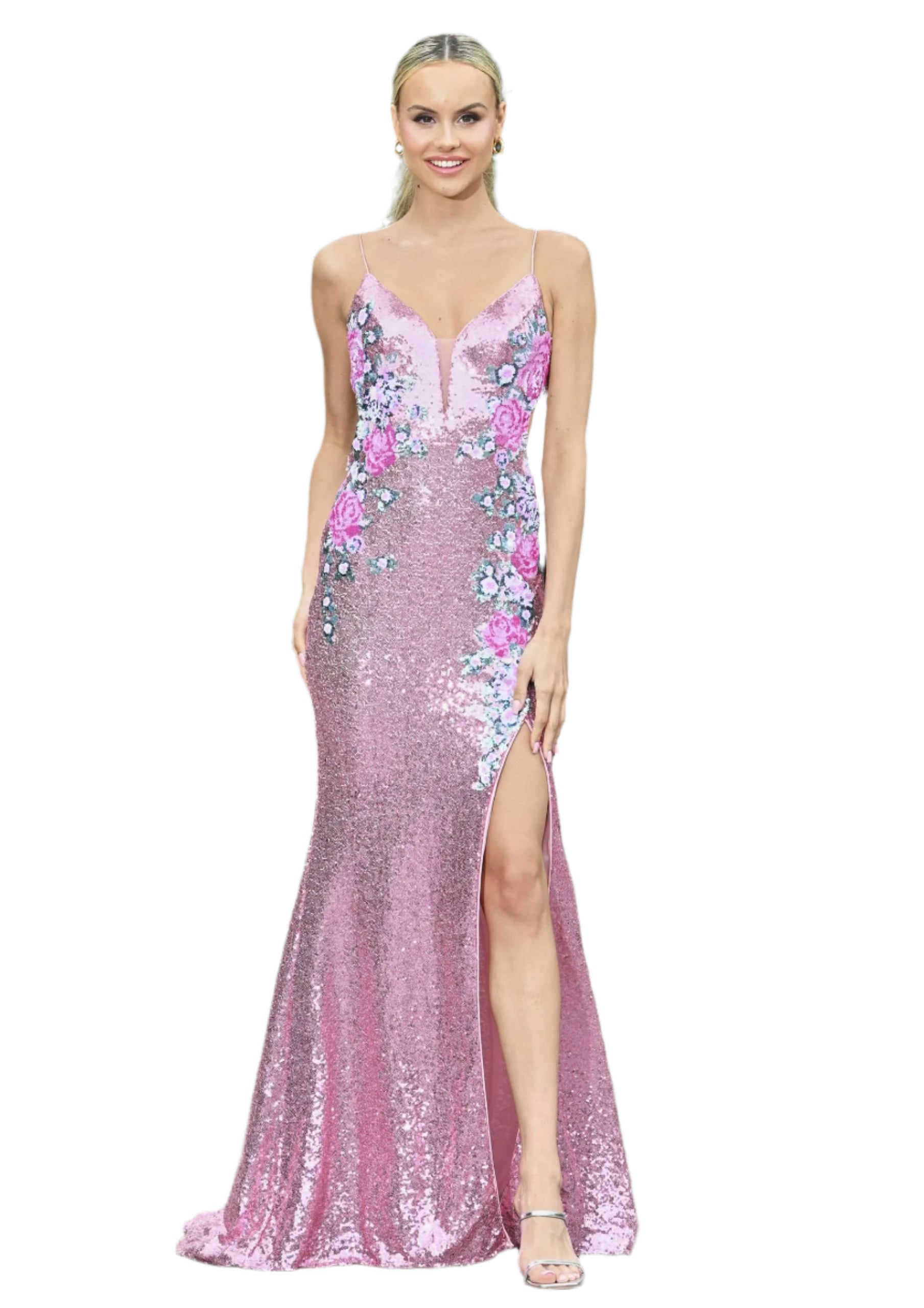 Expertly crafted with shimmering sequins and a stunning floral design, the Colors Dress 3576 is a must-have for any formal event. The V-neckline and cut-out back add a touch of elegance, while the slit adds a modern twist. Make a statement and show off your style with this eye-catching pageant gown.

Sizes: 0-16

Colors: Black, Rose, Off White