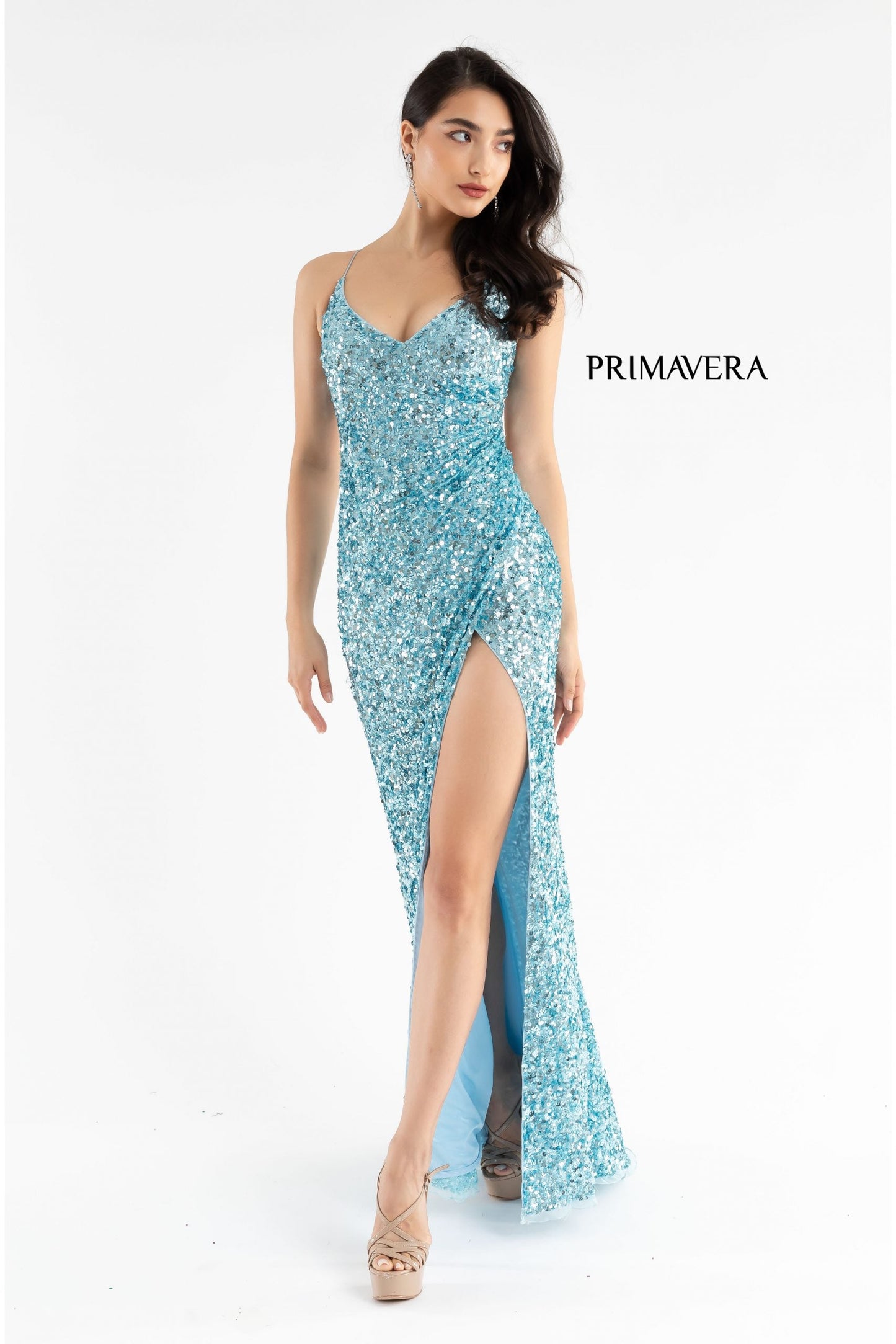 Primavera Couture 3791 Size 12 Royal Prom Dress V Neckline Sequins Lace Up Tie Back Side Slit