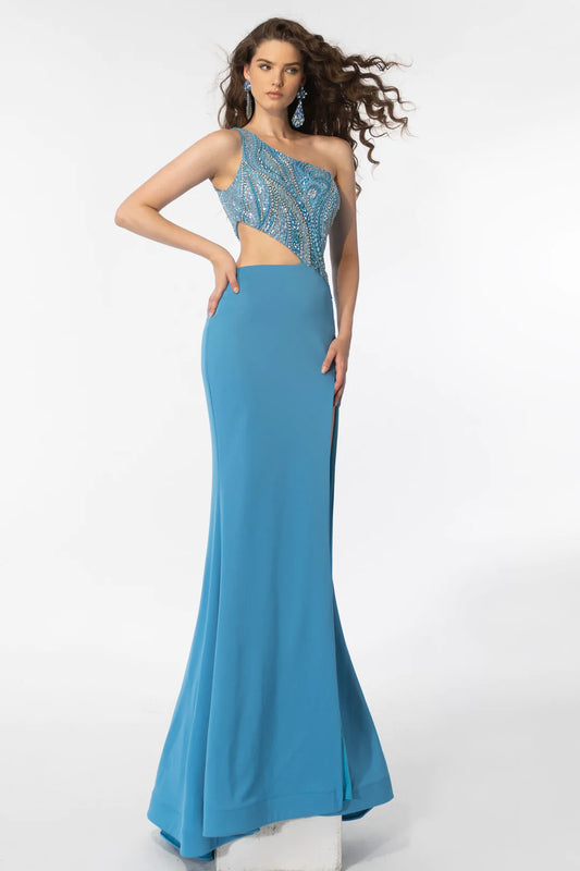 Elevate your formal look with the Ava Presley 39218 Long Prom Dress. Made with a chic one shoulder design and side cut out, this gown is adorned with beautiful beaded crystals for a touch of elegance. The mermaid silhouette accentuates your curves, making this a perfect choice for a pageant or prom.