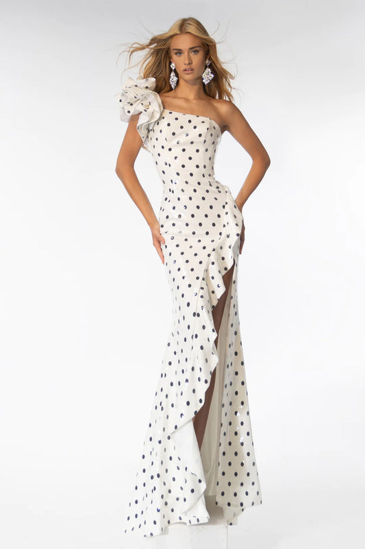 Step onto the red carpet in style with the Ava Presley 39264 Sequin Polka Dot Fitted One Shoulder Long Dress. This stunning gown features a unique one shoulder design and a fitted silhouette adorned with shimmering sequin polka dots. Perfect for prom, formal events, or pageants, this dress guarantees a show-stopping entrance.