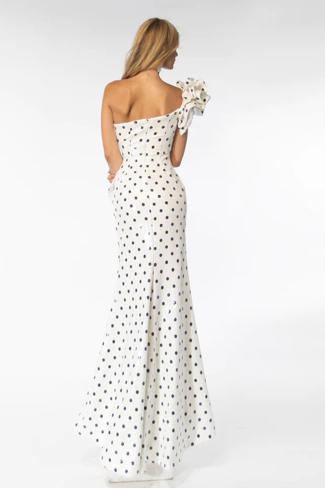 Step onto the red carpet in style with the Ava Presley 39264 Sequin Polka Dot Fitted One Shoulder Long Dress. This stunning gown features a unique one shoulder design and a fitted silhouette adorned with shimmering sequin polka dots. Perfect for prom, formal events, or pageants, this dress guarantees a show-stopping entrance.