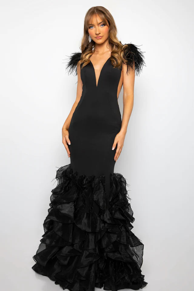 Transform into a red carpet sensation with the Ava Presley 39312 Fitted Long Prom Dress. Designed with a plunging V neckline, ruffles, and feathers, this formal pageant gown exudes glamour and sophistication. Stand out from the crowd and make a bold statement at your next event.