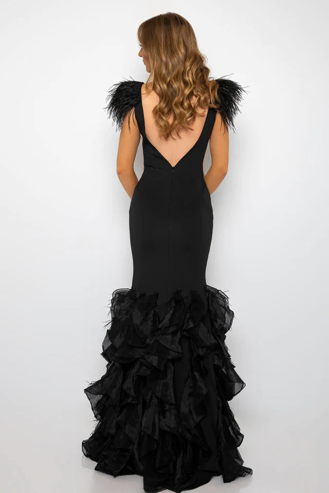 Transform into a red carpet sensation with the Ava Presley 39312 Fitted Long Prom Dress. Designed with a plunging V neckline, ruffles, and feathers, this formal pageant gown exudes glamour and sophistication. Stand out from the crowd and make a bold statement at your next event.