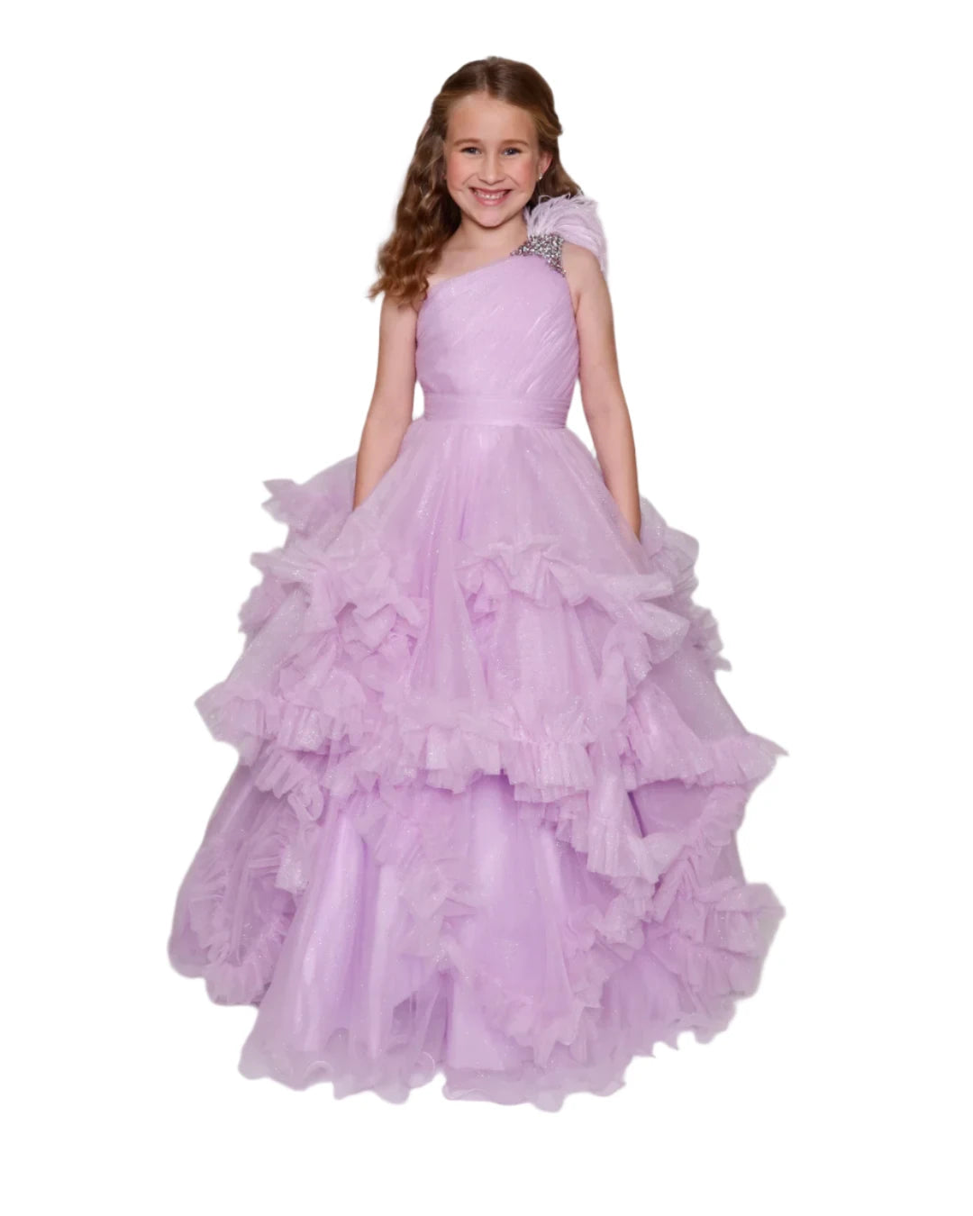 This Ava Presley Girls Pageant Dress is designed to make your little princess shine on the stage. The pleated ruffle shimmer adds a touch of elegance while the feather one shoulder design stands out. Perfect for formal events, it will make her feel like a winner. Make a statement in this Ava Presley 39886