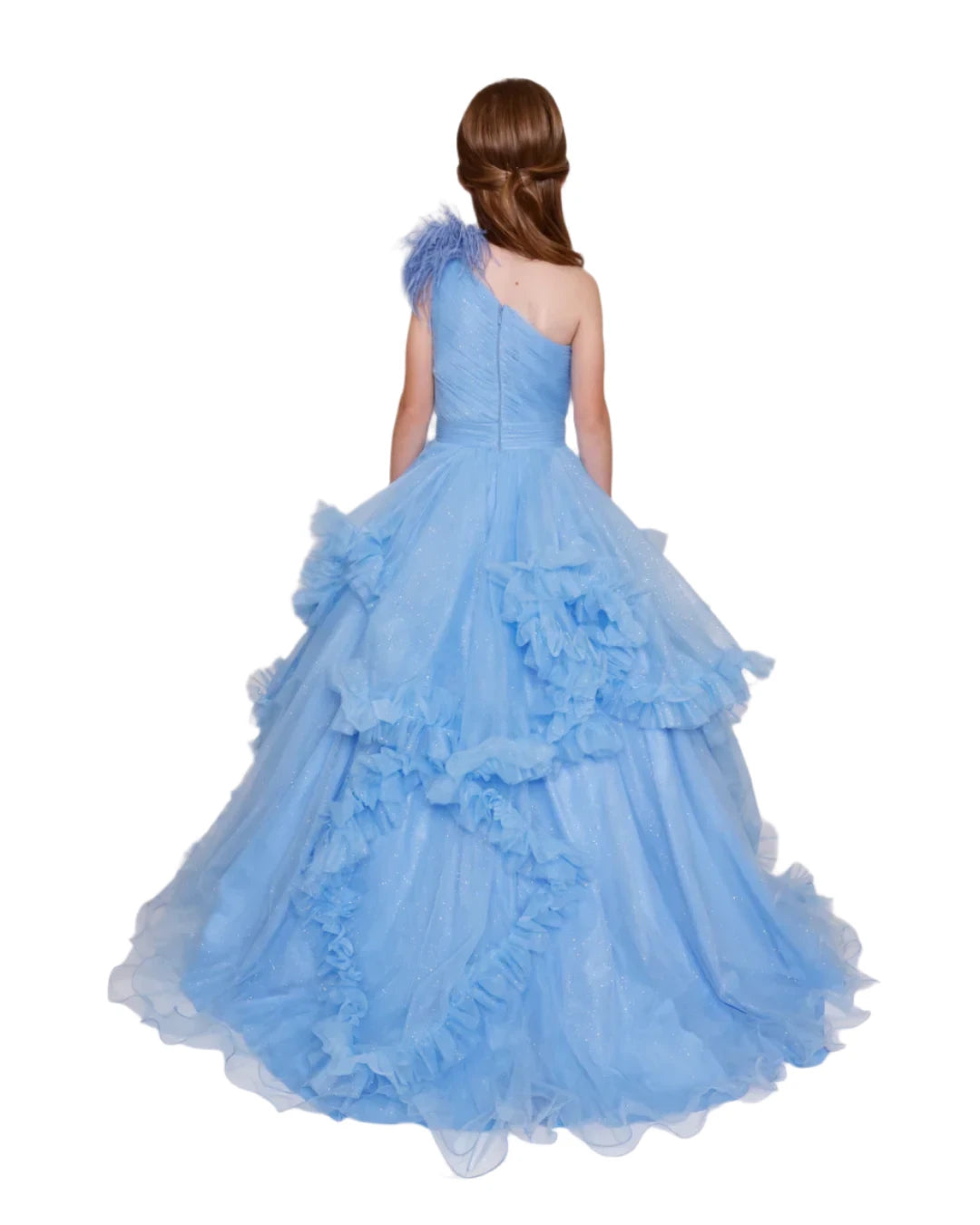 This Ava Presley Girls Pageant Dress is designed to make your little princess shine on the stage. The pleated ruffle shimmer adds a touch of elegance while the feather one shoulder design stands out. Perfect for formal events, it will make her feel like a winner. Make a statement in this Ava Presley 39886