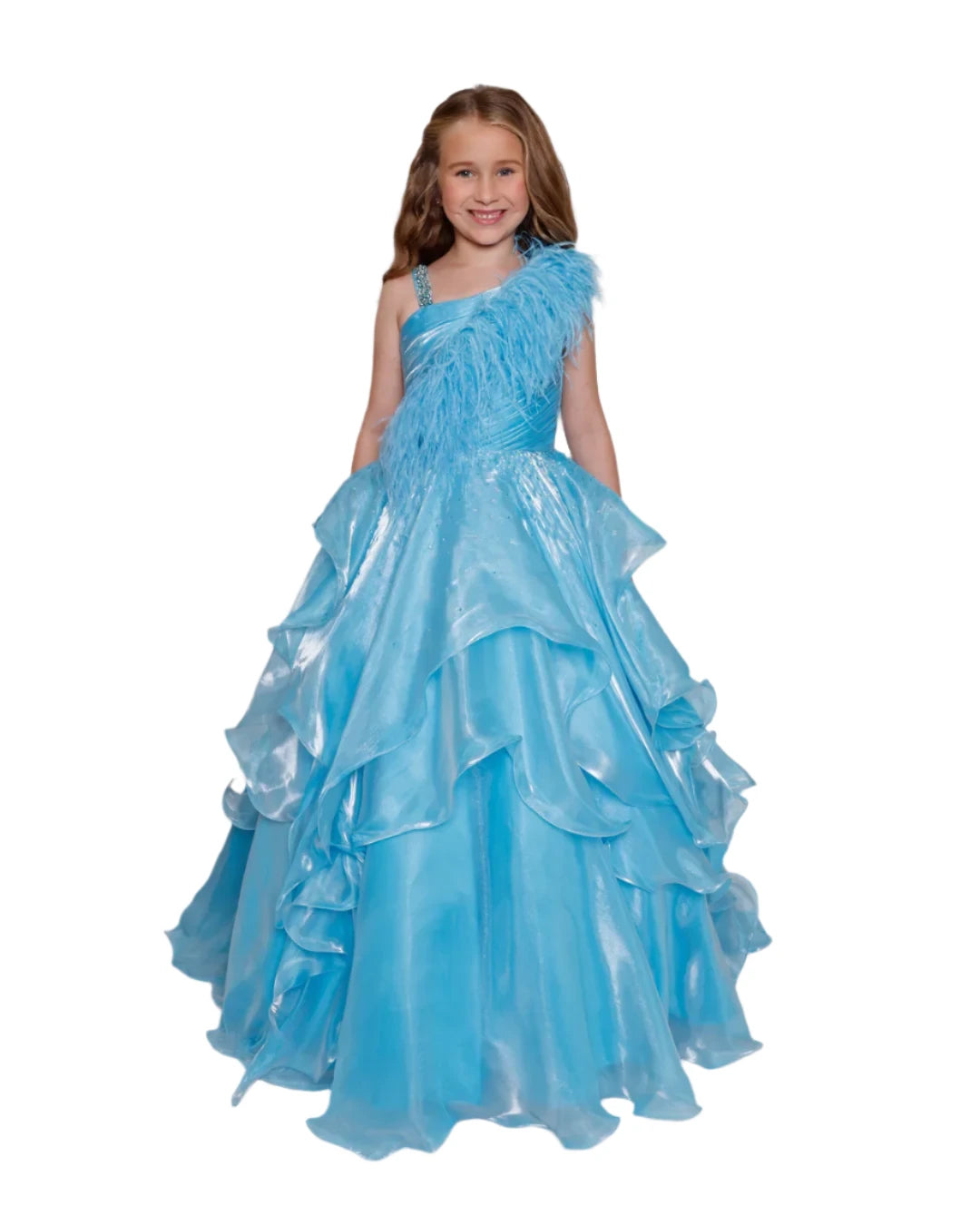 Expertly crafted for your little pageant princess, the Ava Presley Girls 39887 Long Shimmer Layer Pageant Dress is adorned with elegant feathers and crystal accents. Its one shoulder design adds a touch of sophistication to this stunning gown. She'll shine on stage with confidence and grace.