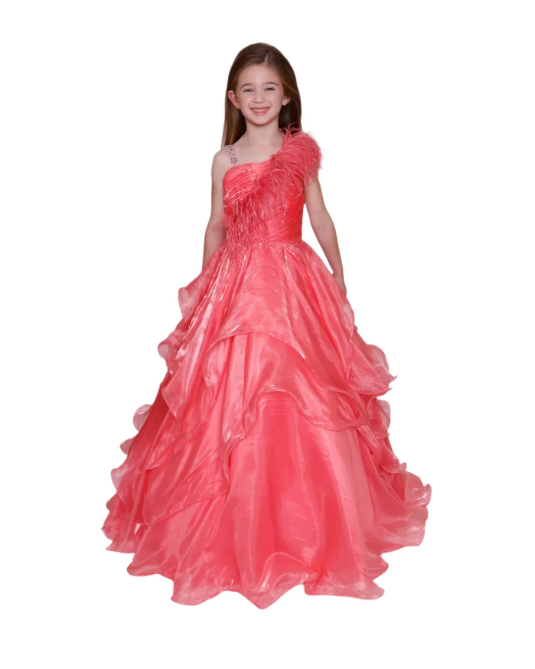 Expertly crafted for your little pageant princess, the Ava Presley Girls 39887 Long Shimmer Layer Pageant Dress is adorned with elegant feathers and crystal accents. Its one shoulder design adds a touch of sophistication to this stunning gown. She'll shine on stage with confidence and grace.