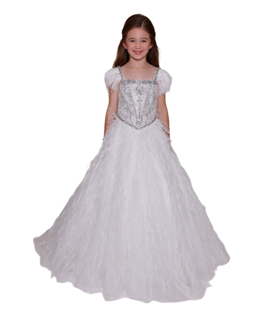 Elevate your little girl's pageant look with the Ava Presley 39889 formal dress. This breathtaking ballgown features a sparkling crystal bodice and delicate feather detailing on the cap sleeves. With its elegant silhouette and luxurious details, it will surely make her shine on stage. Make a grand entrance in this Ava Presley 39889