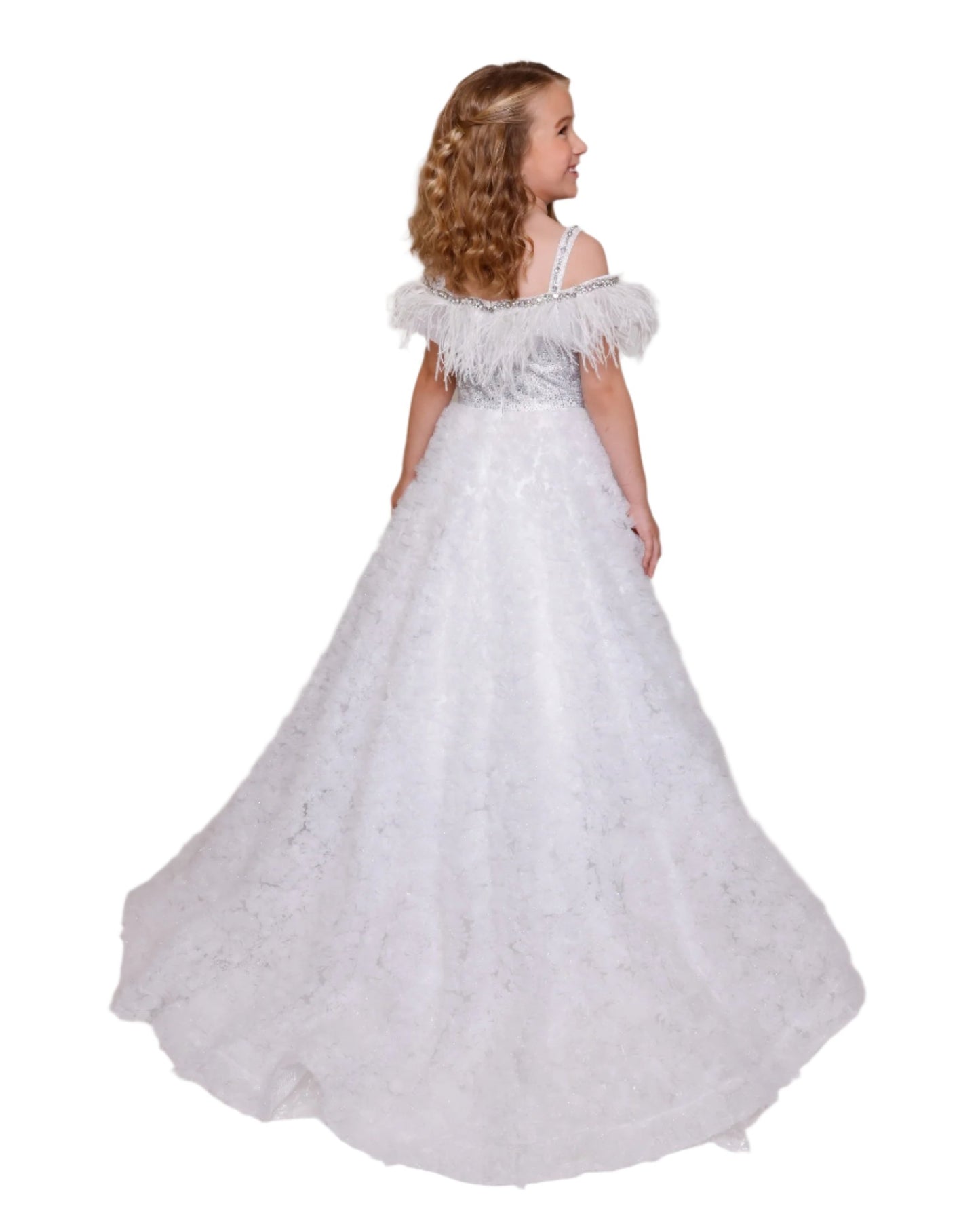 This Ava Presley 39894 Girls Pageant Dress features shimmering feather details and a crystal embellished off-the-shoulder neckline for a glamorous and elegant look. The ballgown silhouette is perfect for any formal occasion, making this dress a must-have for any young fashionista. Feel like a princess and stand out in this stunning dress. The Ava Presley 39894 