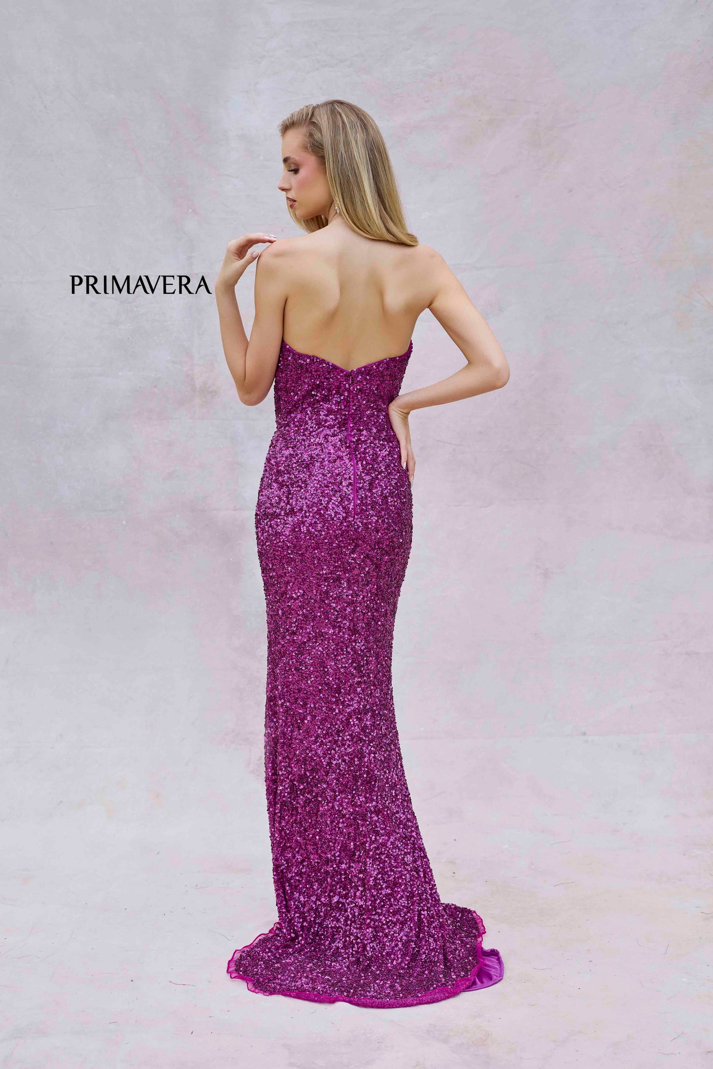 Primavera Couture 4192 Size 0 Grape Sequin Strapless Prom Dress Peak Point Pageant Gown Slit Formal