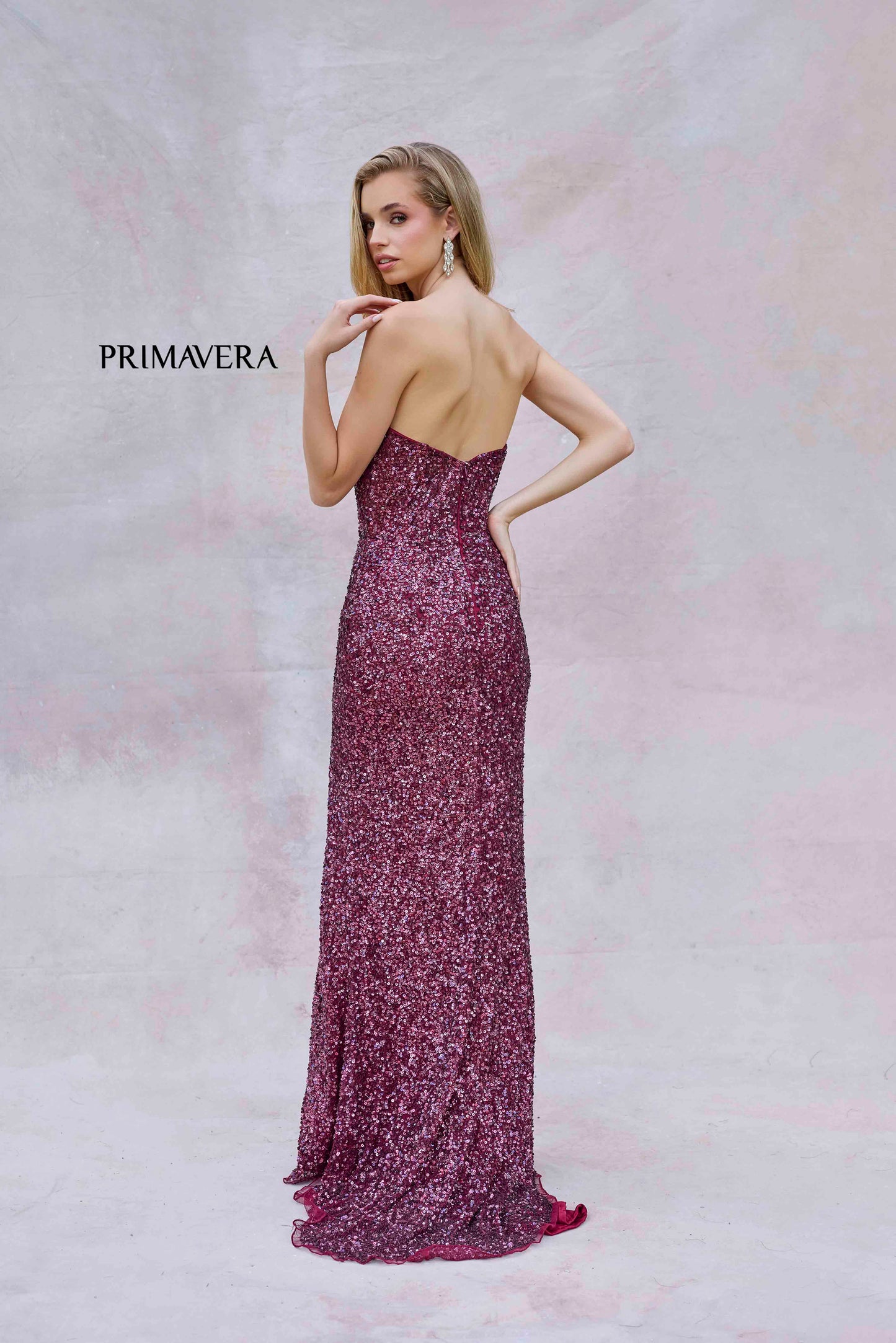 Primavera Couture 4192 Size 0 Grape Sequin Strapless Prom Dress Peak Point Pageant Gown Slit Formal