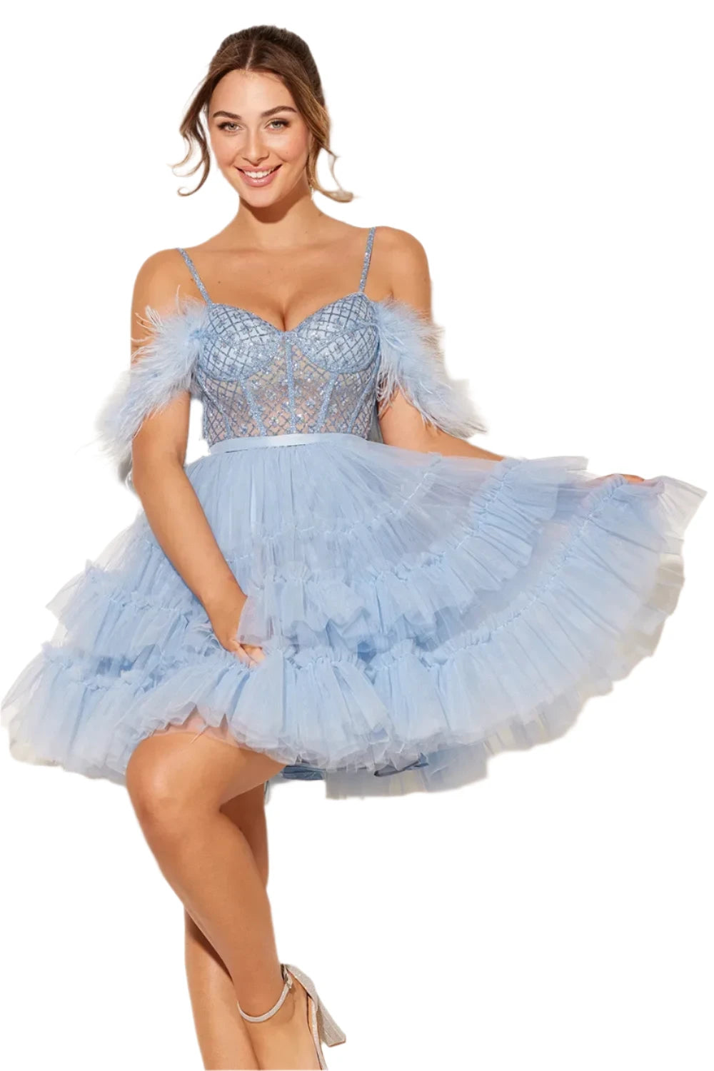 Impress the crowd at your next homecoming event with this stunning Lucci Lu 4210 dress. The sheer corset top and feather accents create a unique and stylish look, while the off the shoulder design adds a touch of elegance. This dress is sure to make you stand out and feel confident all night long. ruffle layered skirt A Line