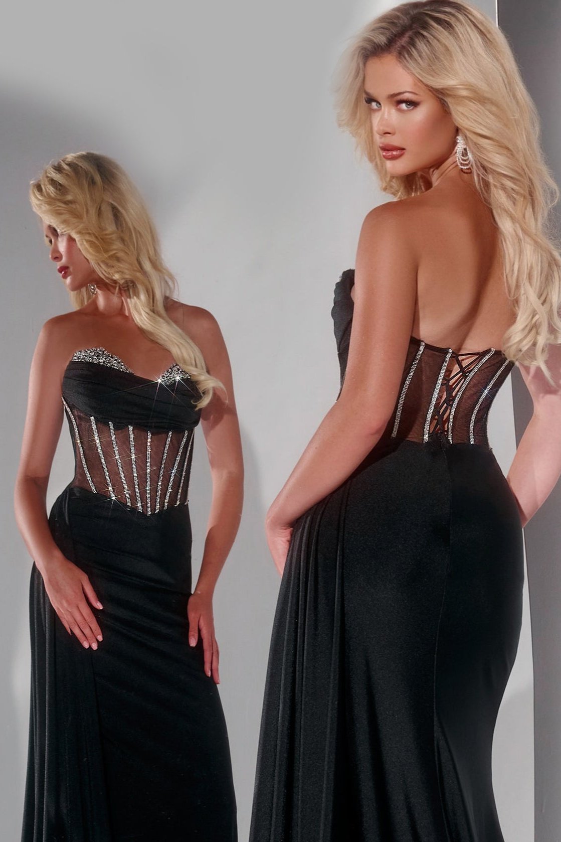 Unlock the epitome of glamour with our Jovani 42226 Sheer Crystal Corset Prom Dress. The crystal corset accentuates your curves while the maxi slit overskirt exudes elegance. Perfect for formal evening events, this gown will have you feeling like a work of art.