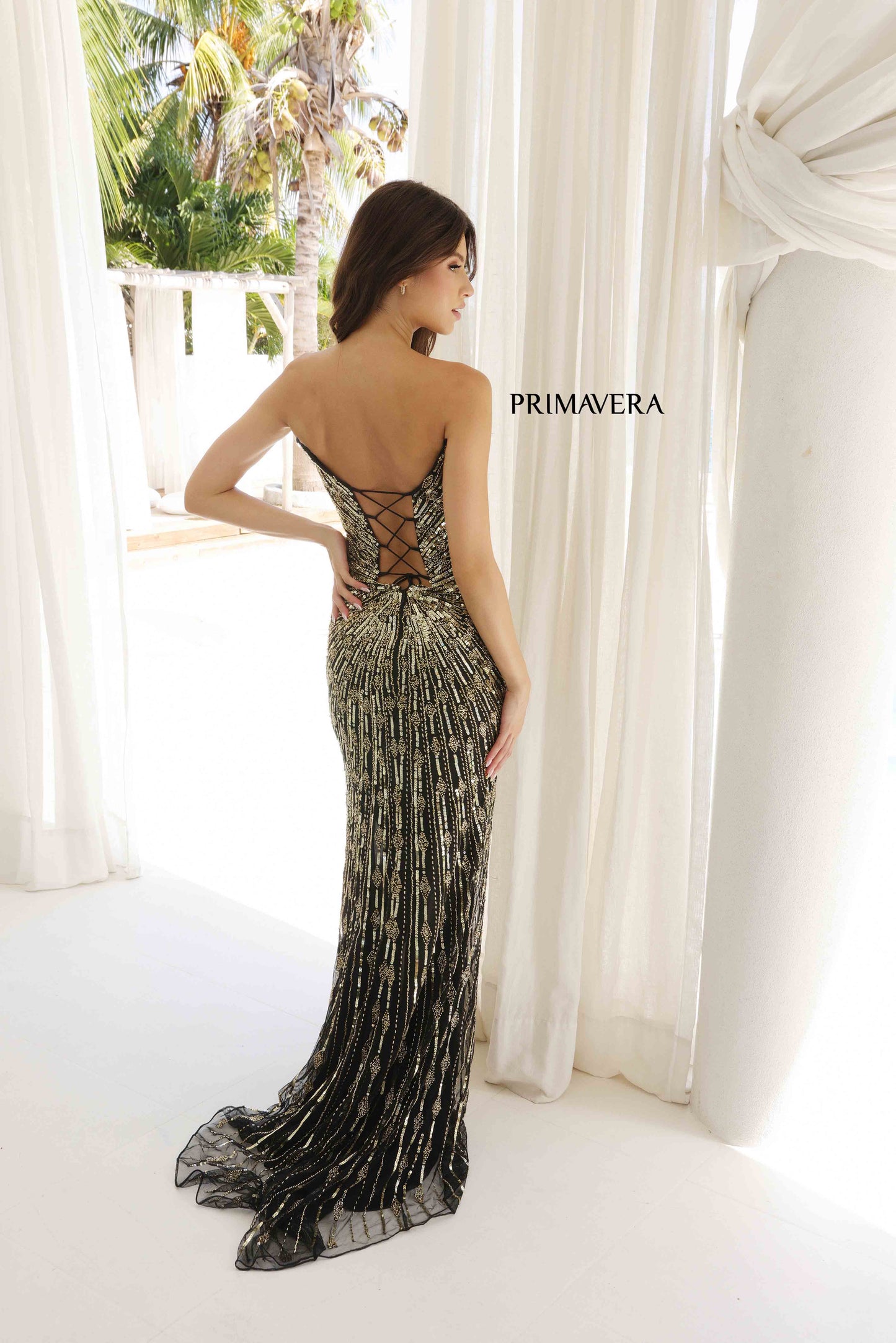 Primavera Couture 4301 Long Sequin Beaded Slit Prom Dress V Neck Strapless Formal Pageant Gown