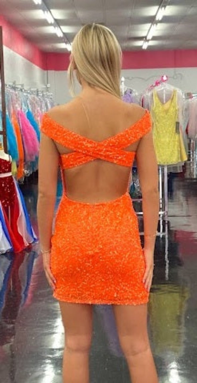 Ashley Lauren 4499 Size 4 Orchid Short Fitted Sequin Homecoming Dress off the shoulder   This fitted off the shoulder cocktail dress is accented by a crisscrossed back and covered in the most beautiful sequins!  Off the shoulder Open back Fully sequined Size: 6 Color: Neon Orange