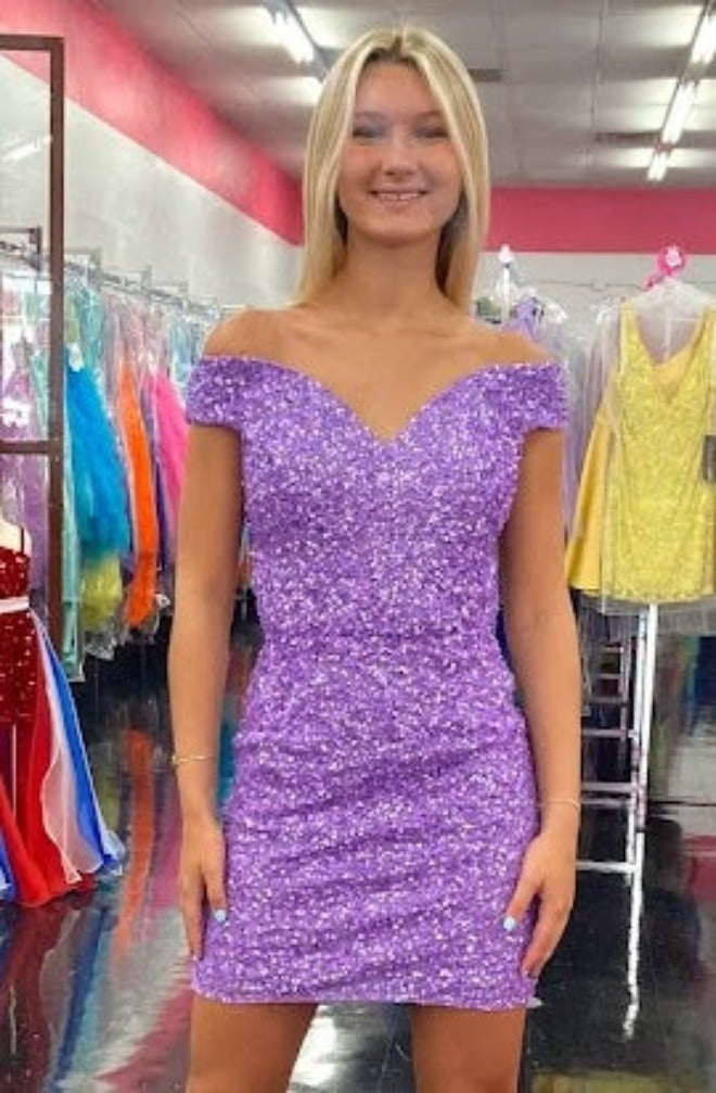 Ashley Lauren 4499 Size 4 Orchid Short Fitted Sequin Homecoming Dress off the shoulder   This fitted off the shoulder cocktail dress is accented by a crisscrossed back and covered in the most beautiful sequins!  Off the shoulder Open back Fully sequined Size: 4 Color: Orchid