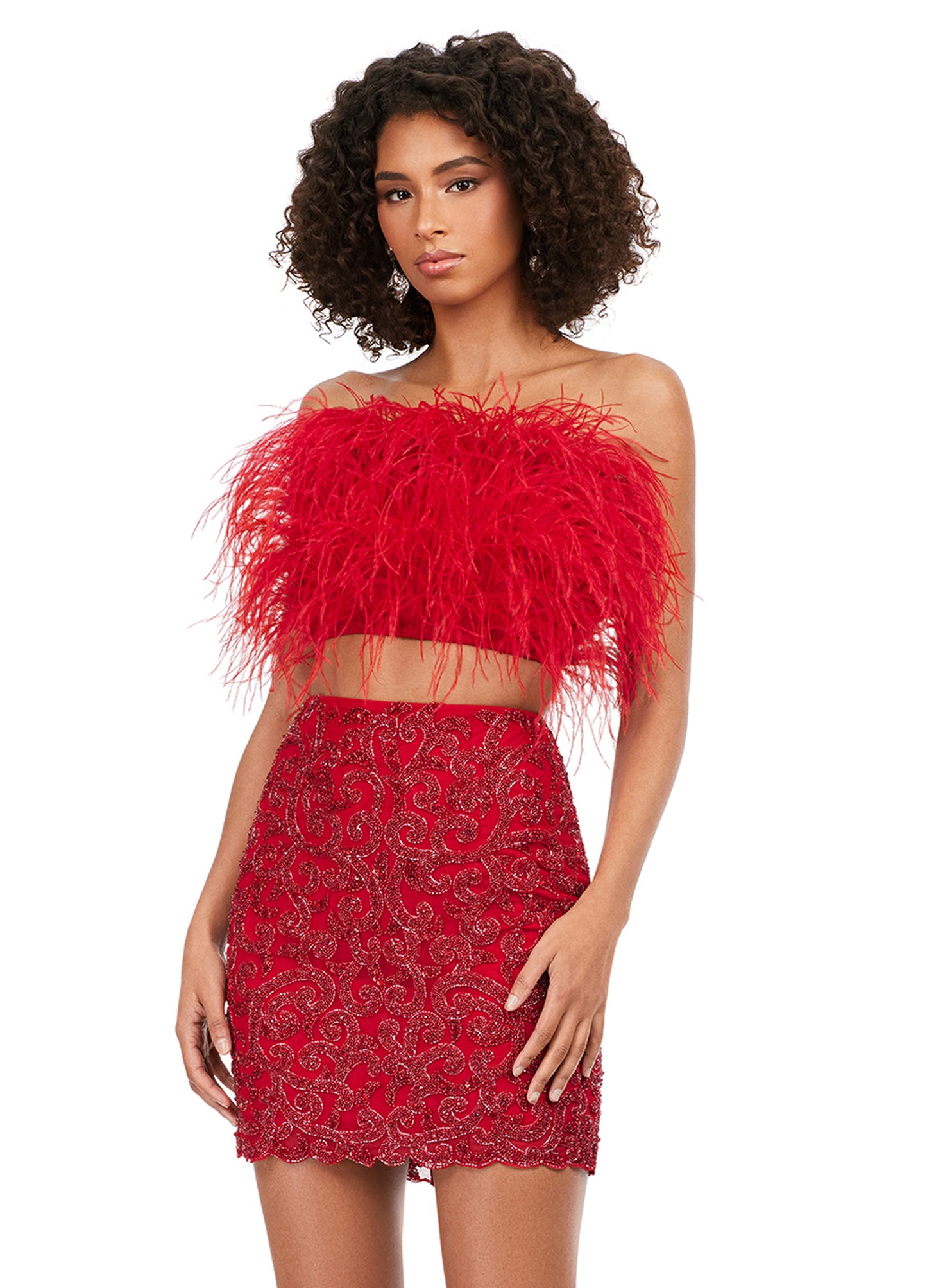 Ashley Lauren 4599 Short Two Piece Beaded Skirt Feather Bodice Formal Cocktail Dress  Homecoming This two piece set features a fully beaded skirt and fully feathered top, the perfect pair! This gorgeous piece is a must for your closet! Strapless Feather Bustier Two-Piece Fitted Skirt Sizes: 00-16 Colors:  Sky, Candy Pink, Ivory, Lilac, Red