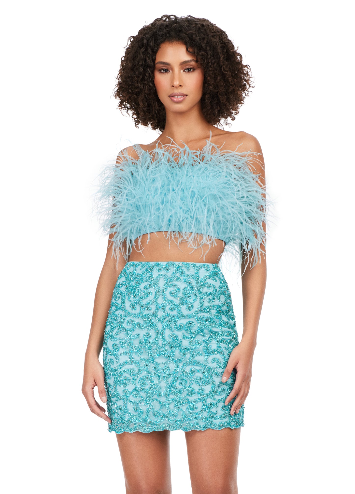 Ashley Lauren 4599 Short Two Piece Beaded Skirt Feather Bodice Formal Cocktail Dress  Homecoming This two piece set features a fully beaded skirt and fully feathered top, the perfect pair! This gorgeous piece is a must for your closet! Strapless Feather Bustier Two-Piece Fitted Skirt Sizes: 00-16 Colors:  Sky, Candy Pink, Ivory, Lilac, Red