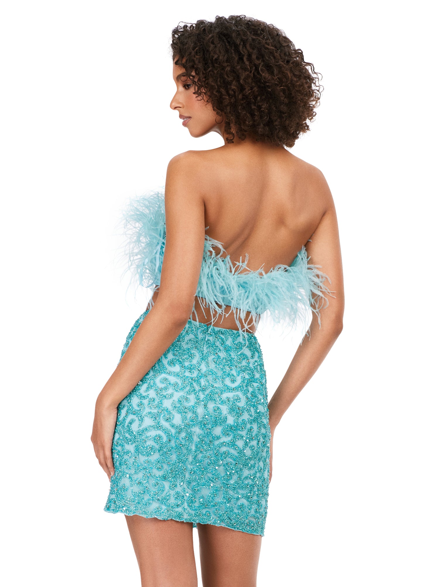 Ashley Lauren 4599 Short Two Piece Beaded Skirt Feather Bodice Formal Cocktail Dress  Homecoming This two piece set features a fully beaded skirt and fully feathered top, the perfect pair! This gorgeous piece is a must for your closet! Strapless Feather Bustier Two-Piece Fitted Skirt Sizes: 00-16 Colors:  Sky, Candy Pink, Ivory, Lilac, Red