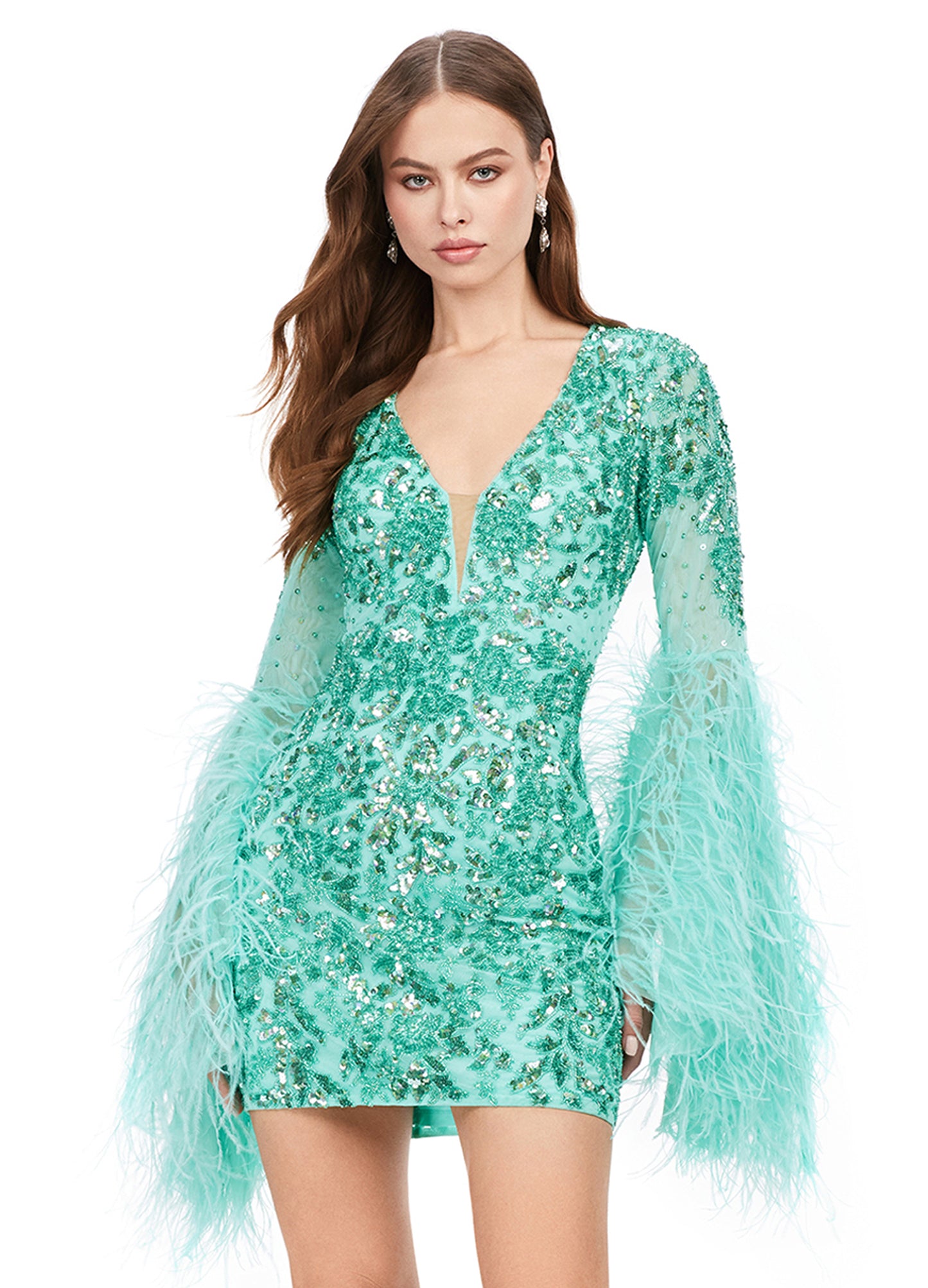 Ashley Lauren 4603 Short Beaded Sequin Long Feather Bell Sleeve Formal Dress Cocktail Gown Pageant Make a statement in this fully beaded cocktail dress with feather adorned flare sleeves! The look is complete with a V-neckline, full back and fitted skirt. V-Neckline Flare Feather Sleeves Fitted Skirt Fully Beaded Sizes: 0-18 Colors: Aqua, Black, Candy Pink, Orchid, Red