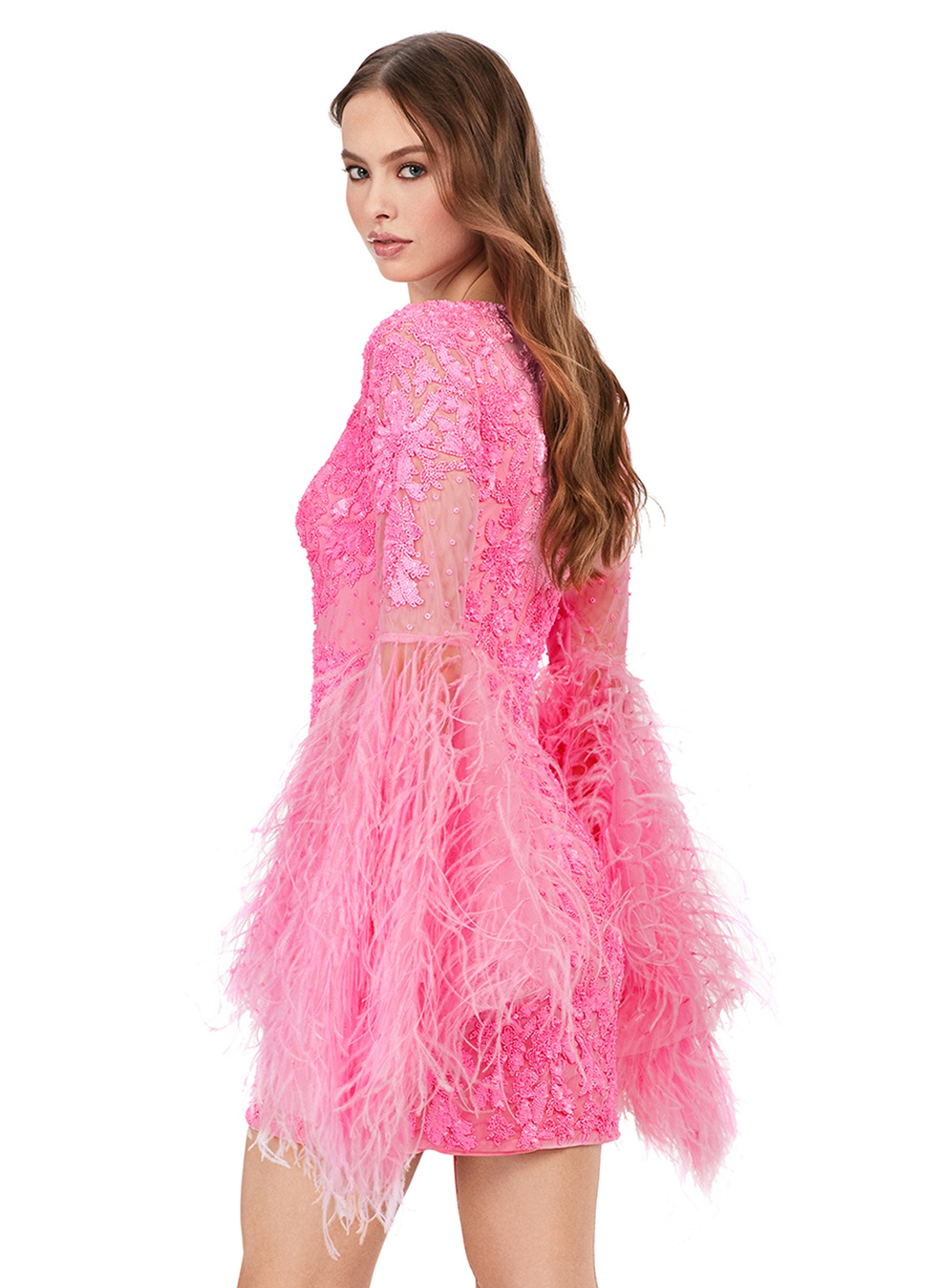 Ashley Lauren 4603 Fully Beaded Bell Sleeve With Feathers V-Neck Cocktail Homecoming Dress. Make a statement in this fully beaded cocktail dress with feather adorned flare sleeves! The look is complete with a V-neckline, full back and fitted skirt.