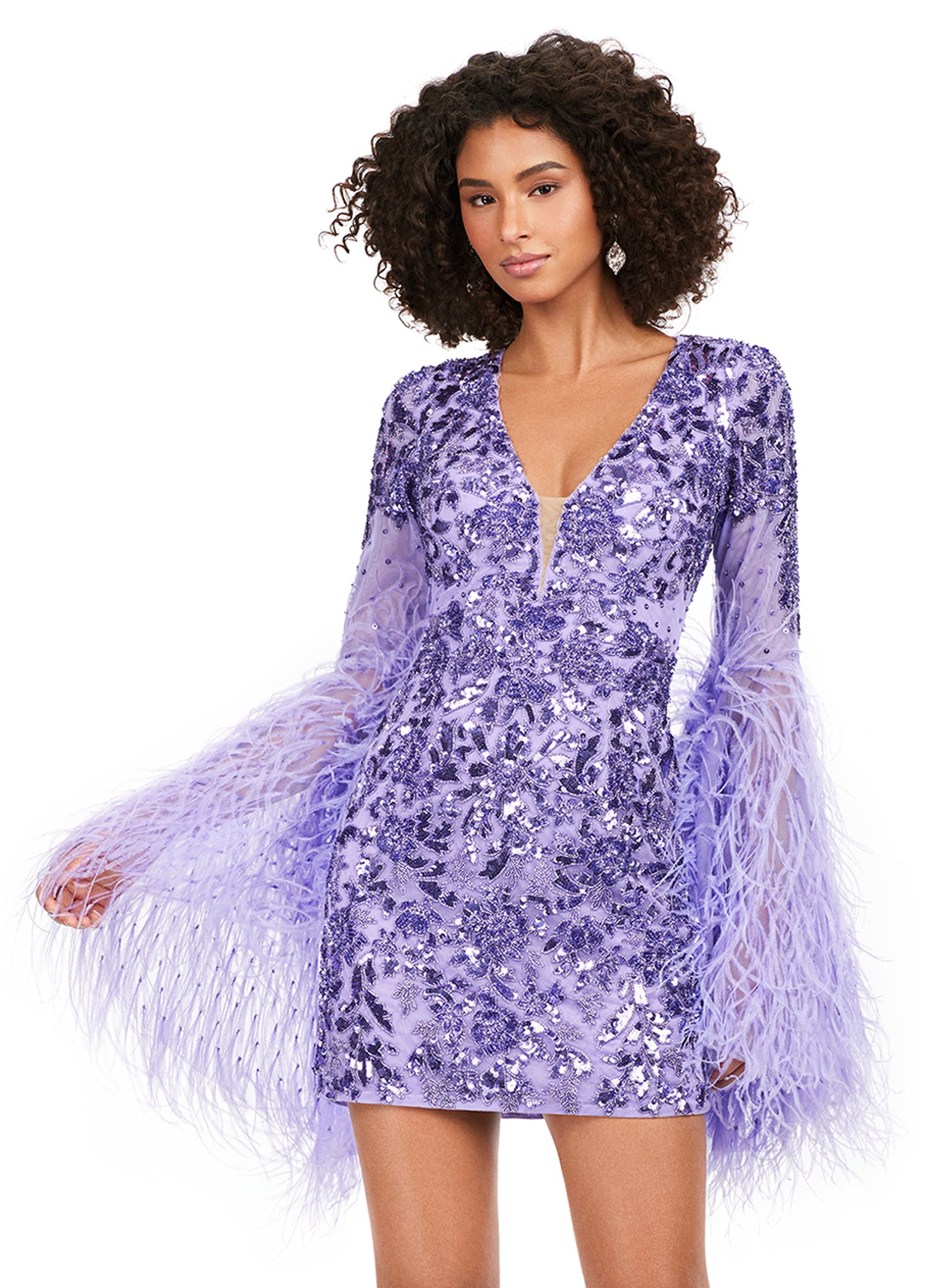 Ashley Lauren 4603 Fully Beaded Bell Sleeve With Feathers V-Neck Cocktail Homecoming Dress. Make a statement in this fully beaded cocktail dress with feather adorned flare sleeves! The look is complete with a V-neckline, full back and fitted skirt.