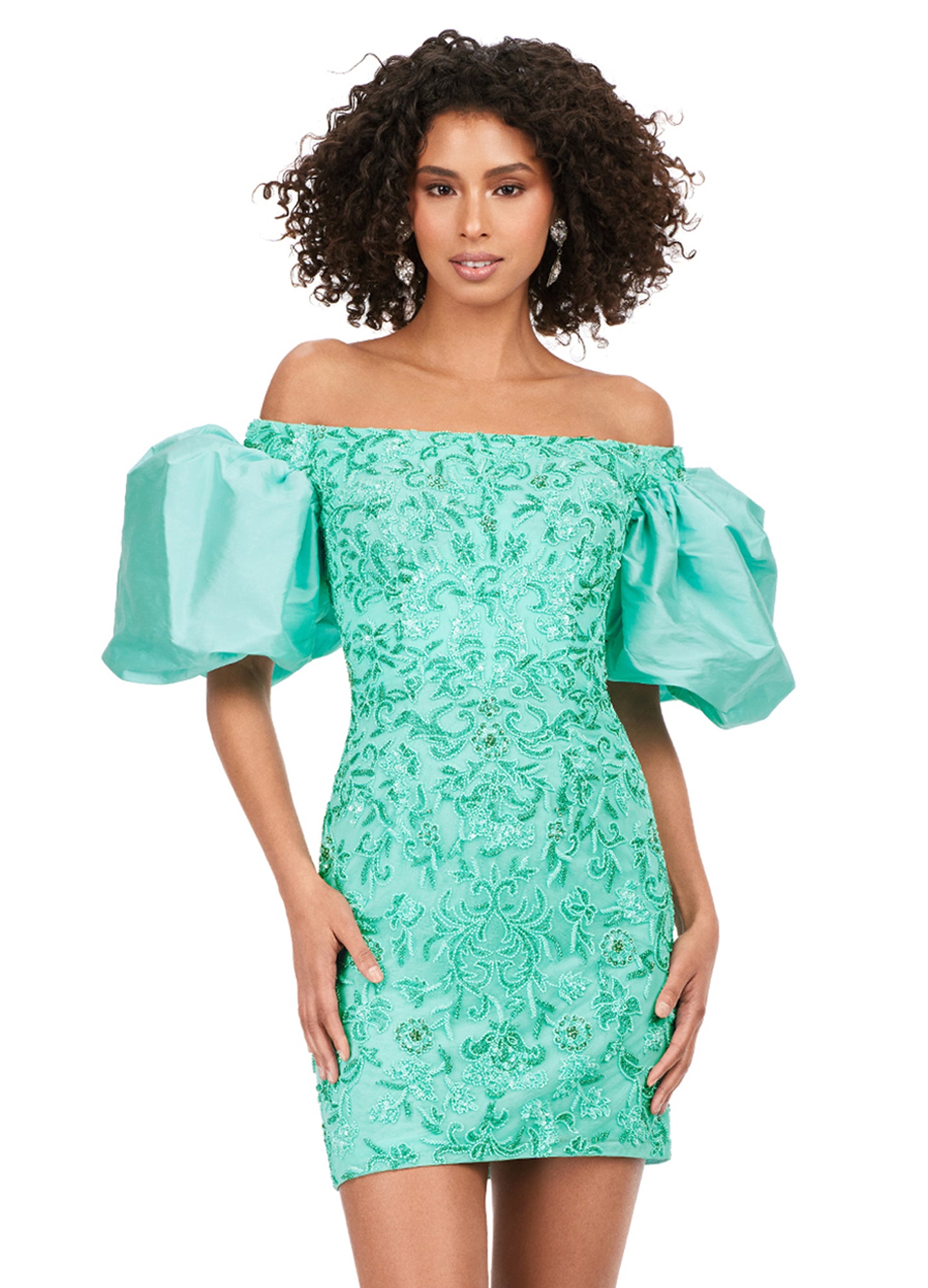 Ashley Lauren 4609 Off The Shoulder Puff Sleeve Beaded Fitted Cocktail Homecoming Dress. This off the shoulder gown is complete with puff sleeves. With beautiful beading throughout, this dress is perfect for any occasion!