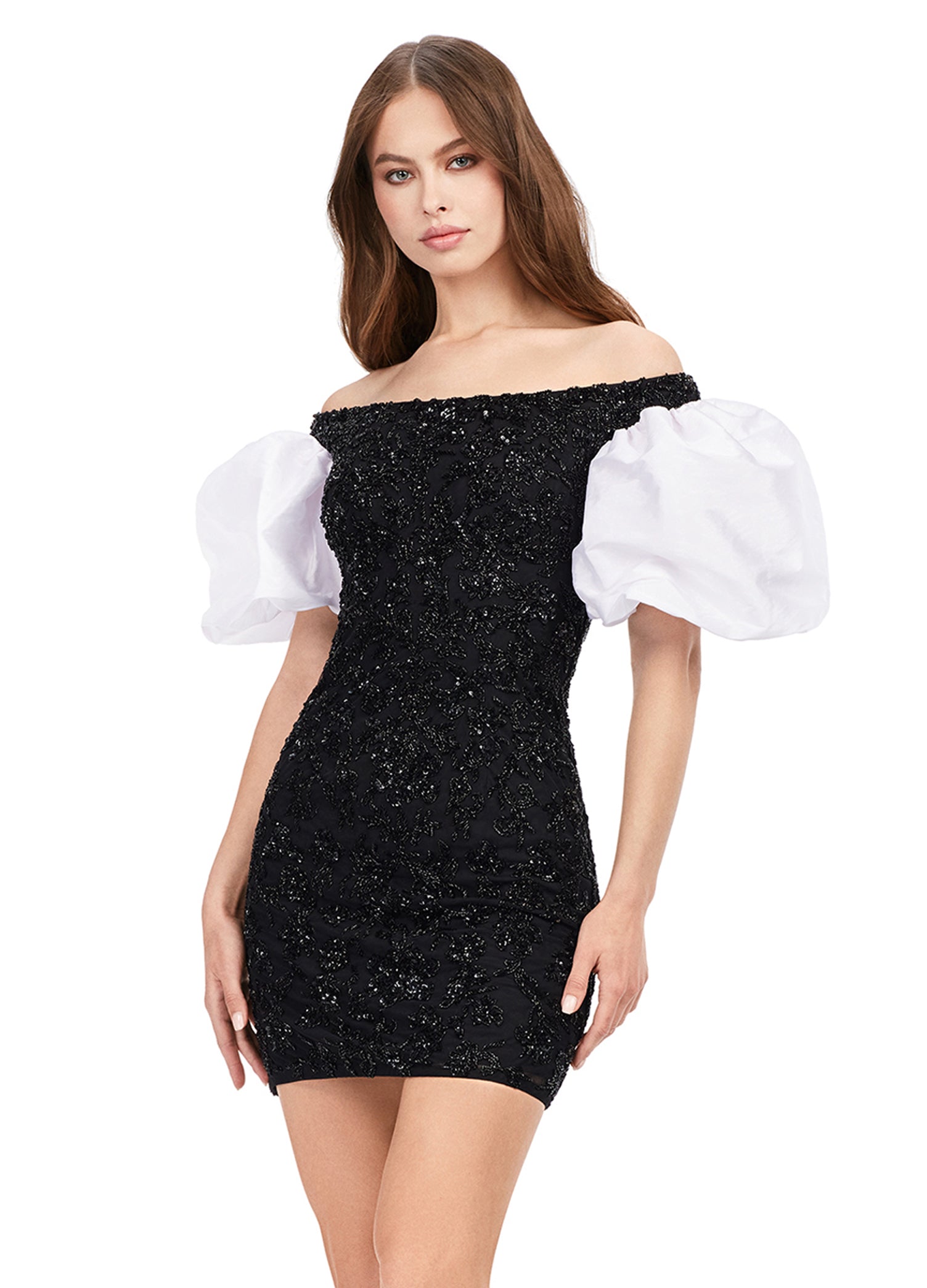 Ashley Lauren 4609 Off The Shoulder Puff Sleeve Beaded Fitted Cocktail Homecoming Dress. This off the shoulder gown is complete with puff sleeves. With beautiful beading throughout, this dress is perfect for any occasion!