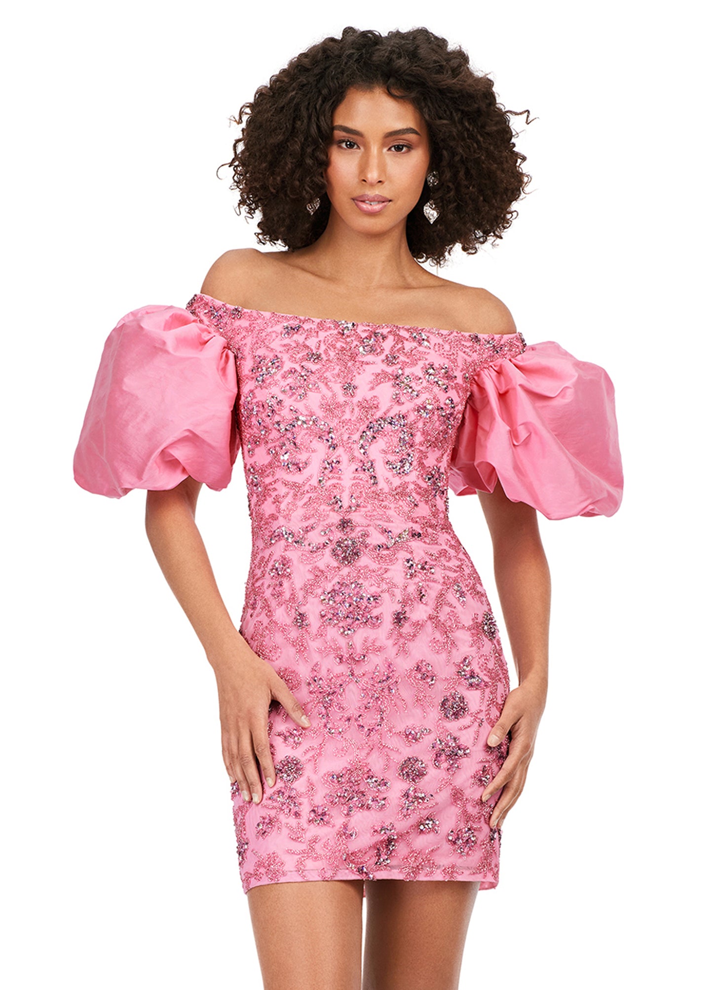 Ashley Lauren 4609 Off The Shoulder Puff Sleeve Beaded Fitted Cocktail Homecoming Dress. This off the shoulder gown is complete with puff sleeves. With beautiful beading throughout, this dress is perfect for any occasion!