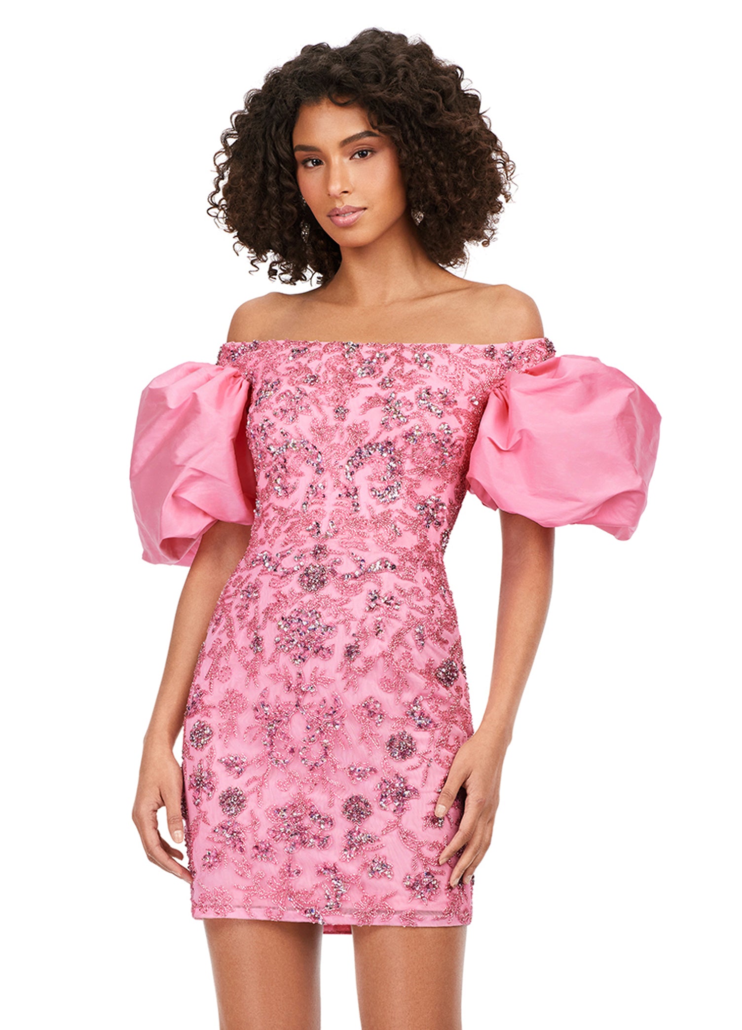 Ashley Lauren 4609 Off The Shoulder Puff Sleeve Beaded Fitted Cocktail Homecoming Dress. This off the shoulder gown is complete with puff sleeves. With beautiful beading throughout, this dress is perfect for any occasion!