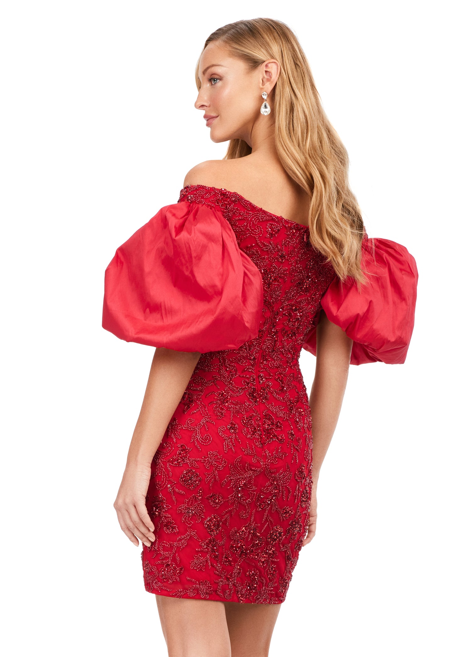 Ashley Lauren 4609 Off The Shoulder Puff Sleeve Beaded Fitted Cocktail Homecoming Dress. This off the shoulder gown is complete with puff sleeves. With beautiful beading throughout, this dress is perfect for any occasion!