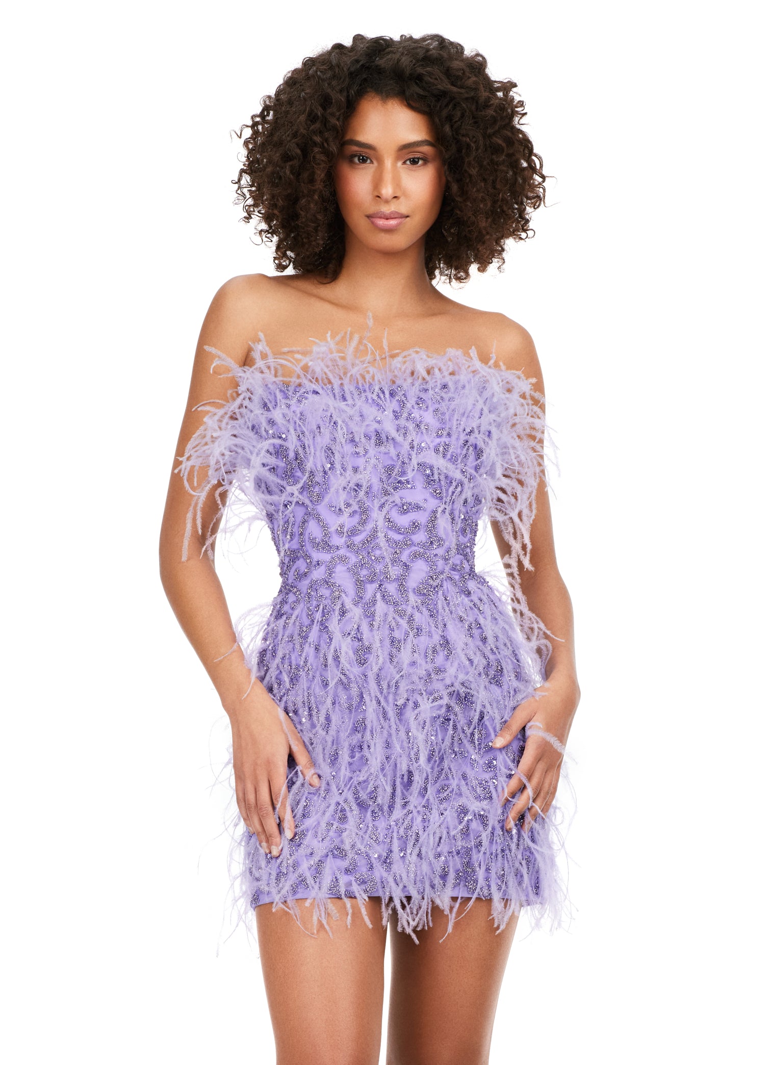 Ashley Lauren 4615 Fully Beaded Strapless Sheer Embellished Bodice Feather Detailing Cocktail Homecoming Dress. Feel like a queen in this fully beaded, strapless cocktail dress. With light feathers throughout, this dress will make a statement at any event!