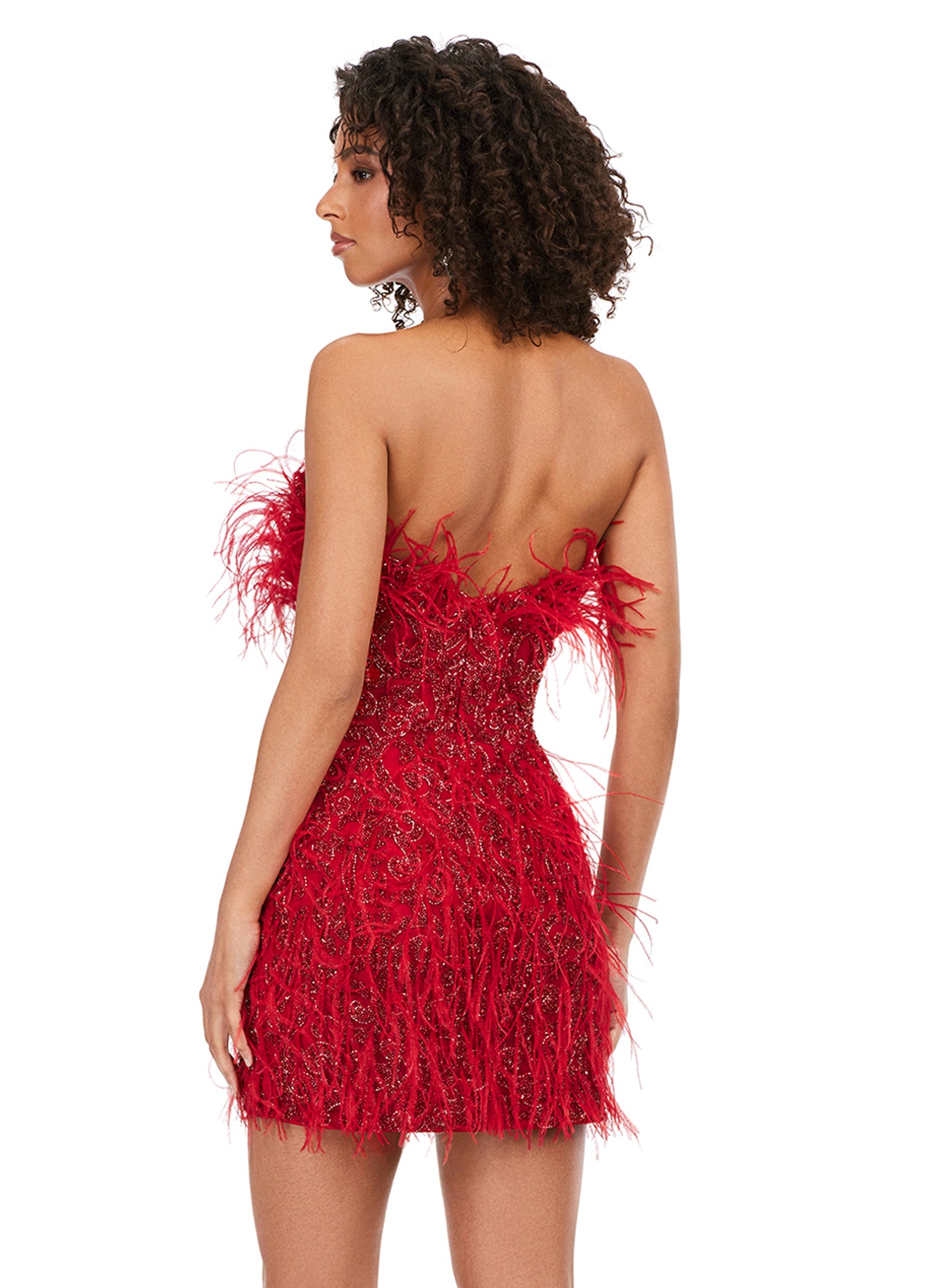 Ashley Lauren 4615 Fully Beaded Strapless Sheer Embellished Bodice Feather Detailing Cocktail Homecoming Dress. Feel like a queen in this fully beaded, strapless cocktail dress. With light feathers throughout, this dress will make a statement at any event!