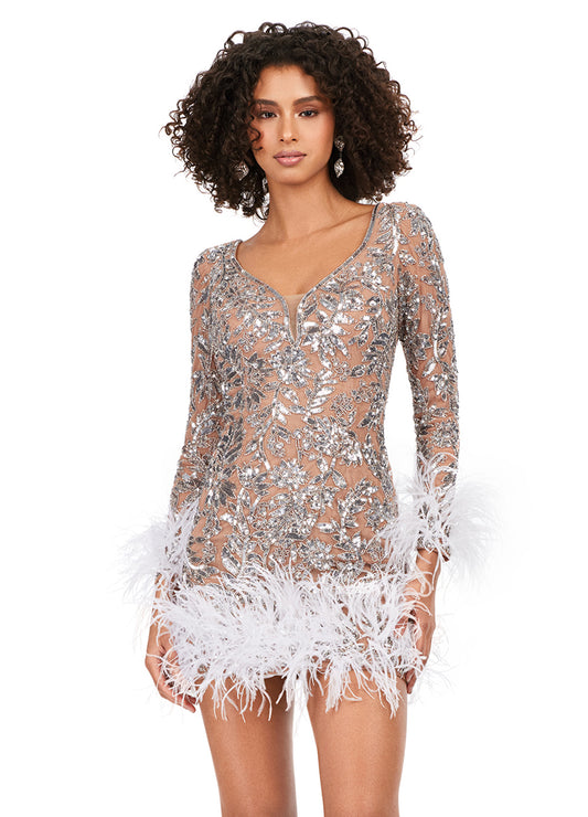 Ashley Lauren 4616 Long Sleeve Feather Detail Sequin V-Neck Open Back Cocktail Homecoming Dress. Feel luxurious in this fully sequin, open back cocktail dress. We added the perfect amount of drama with feathers along the skirt and sleeves of this dress.