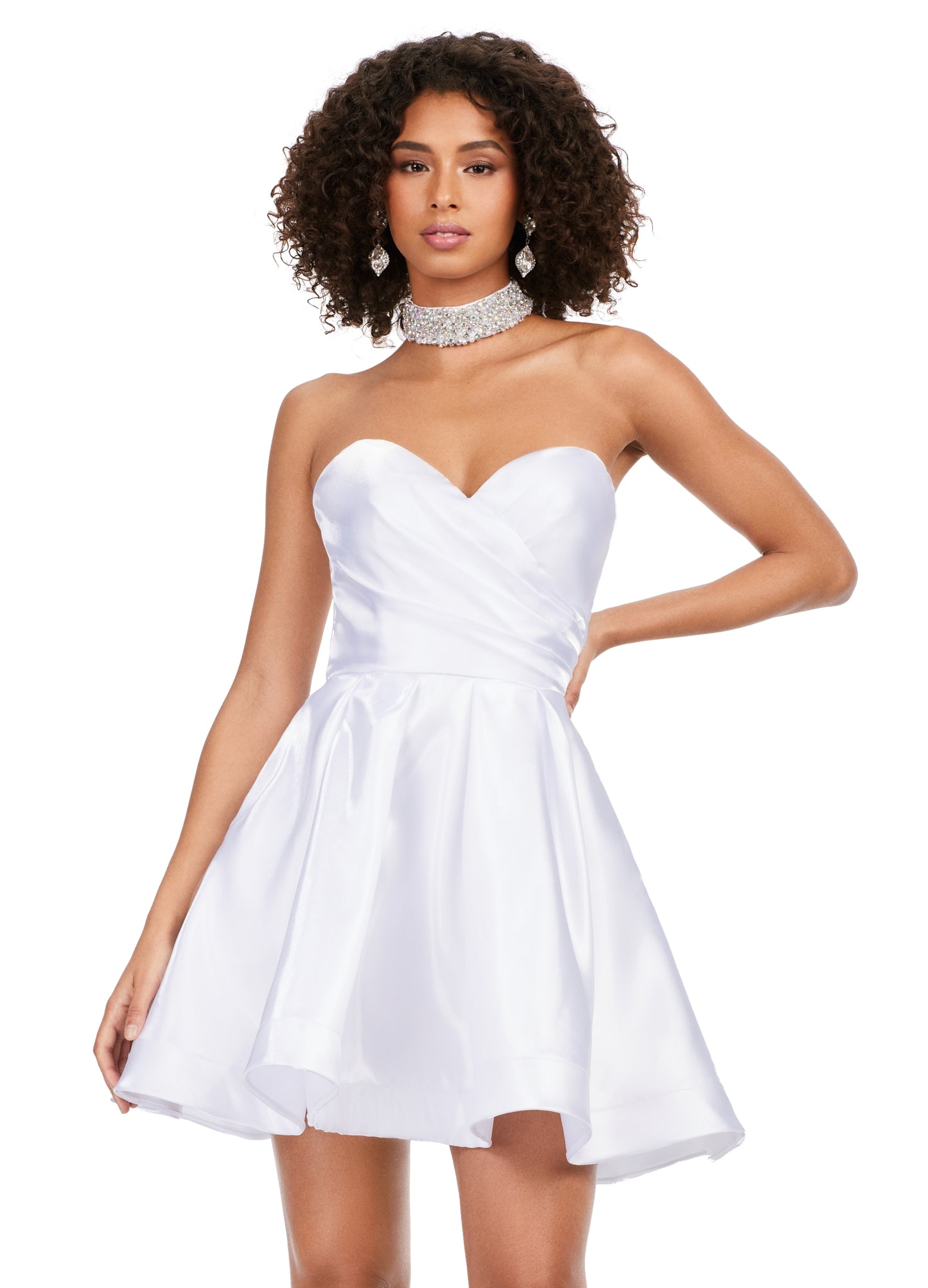 Ashley Lauren 4644 Strapless Satin A-Line Skirt Fully Beaded Choker Cocktail Homecoming Dress. This strapless sweetheart cocktail dress features an A-line skirt and a fully-beaded choker.