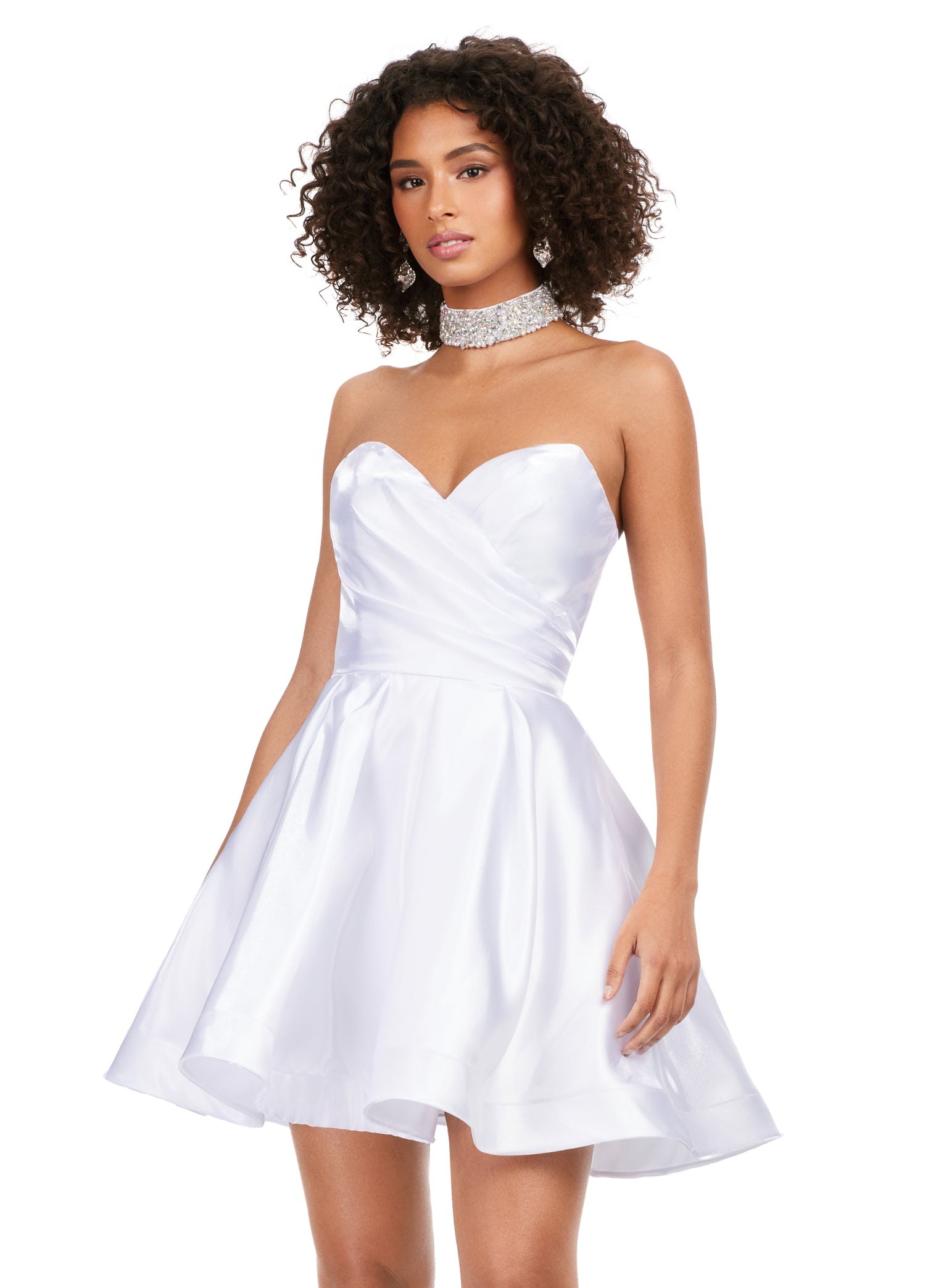 Ashley Lauren 4644 Strapless Satin A-Line Skirt Fully Beaded Choker Cocktail Homecoming Dress. This strapless sweetheart cocktail dress features an A-line skirt and a fully-beaded choker.