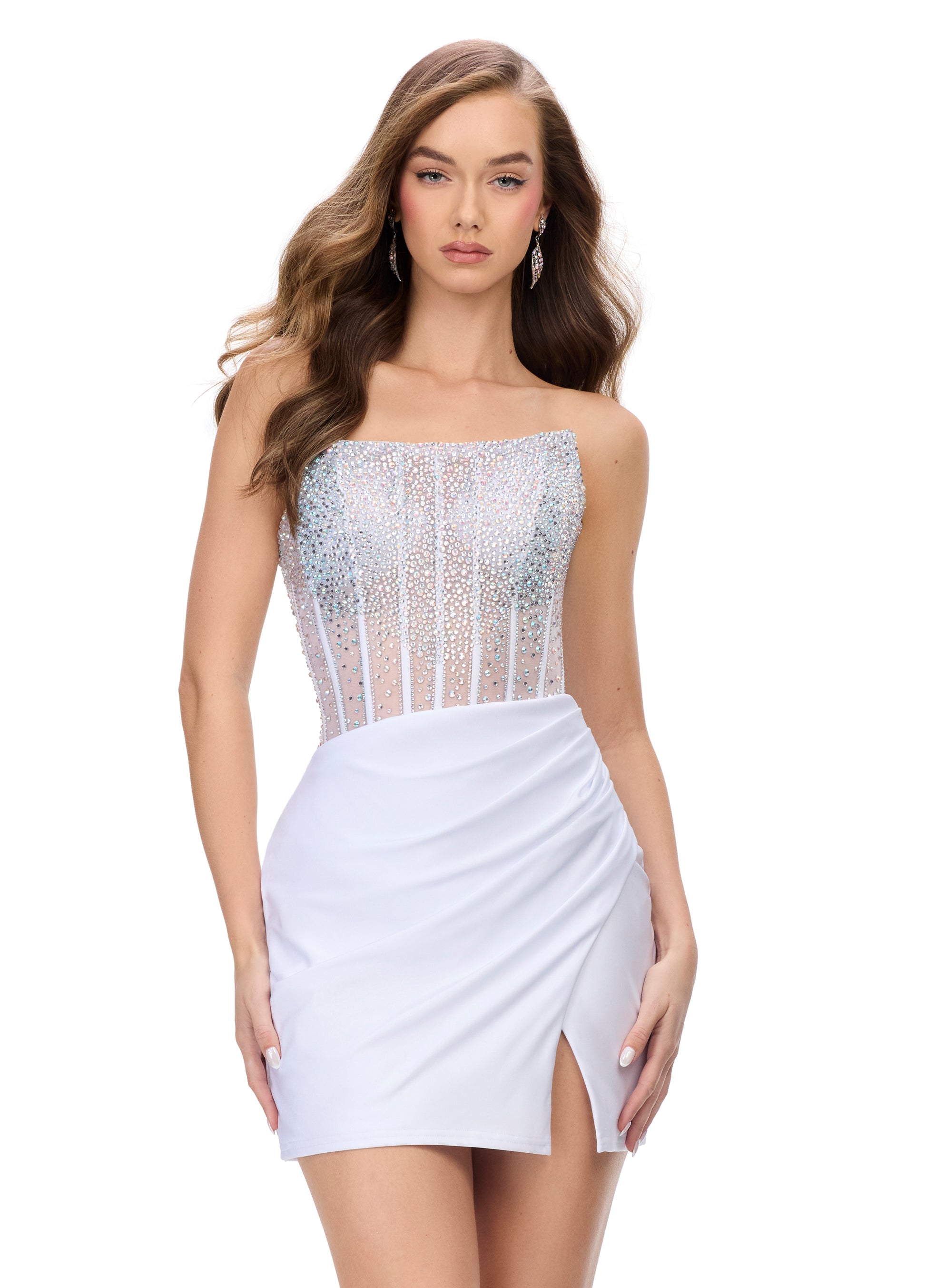 Achieve a stunning look with the Ashley Lauren 4686 Short Sheer Crystal Homecoming Dress. This formal gown features a corset boning for a flawless fit. The scoop neck design adds a touch of elegance, while the sheer crystal detailing adds a subtle sparkle. Perfect for any special occasion.