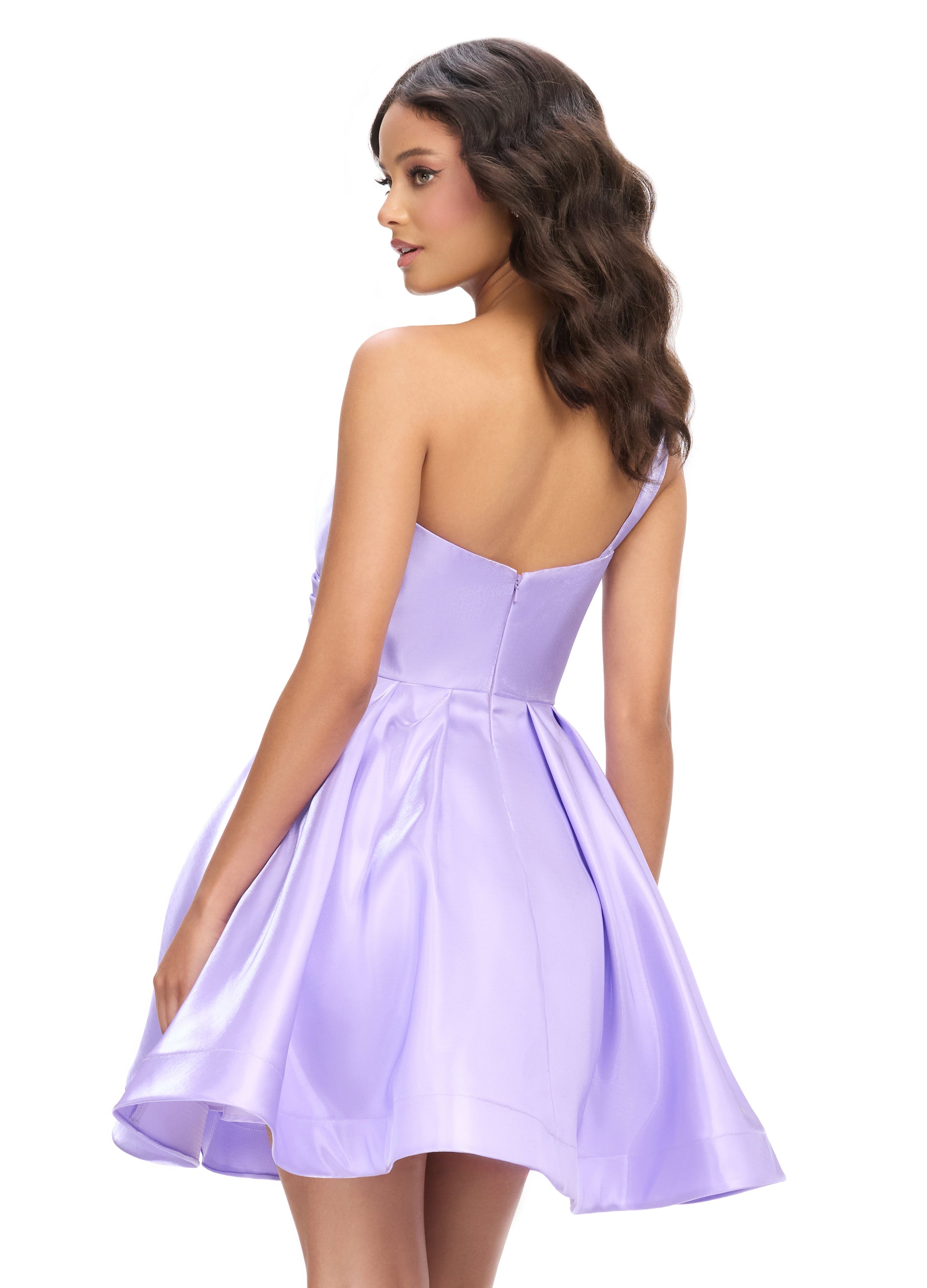 Expertly designed by Ashley Lauren, the 4786 One Shoulder Satin Cocktail Dress boasts a ruched bodice and A line skirt with horsehair trim. Elegantly crafted with high-quality satin, this dress offers a flattering silhouette and timeless style for any special occasion.

Colors:&nbsp; Orchid, Black, Hot Pink, Peacock, Red, White