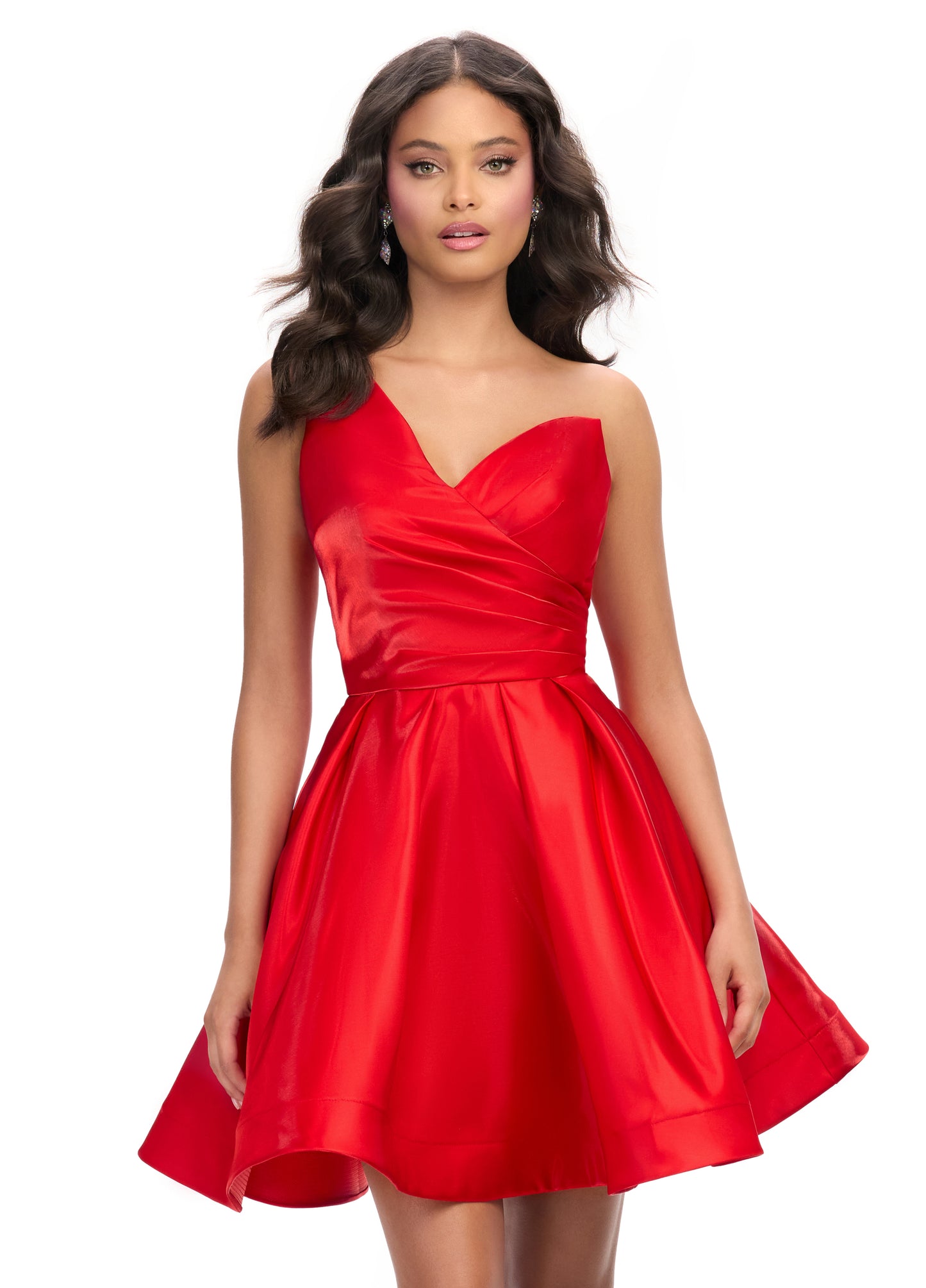 Expertly designed by Ashley Lauren, the 4786 One Shoulder Satin Cocktail Dress boasts a ruched bodice and A line skirt with horsehair trim. Elegantly crafted with high-quality satin, this dress offers a flattering silhouette and timeless style for any special occasion.

Colors:&nbsp; Orchid, Black, Hot Pink, Peacock, Red, White