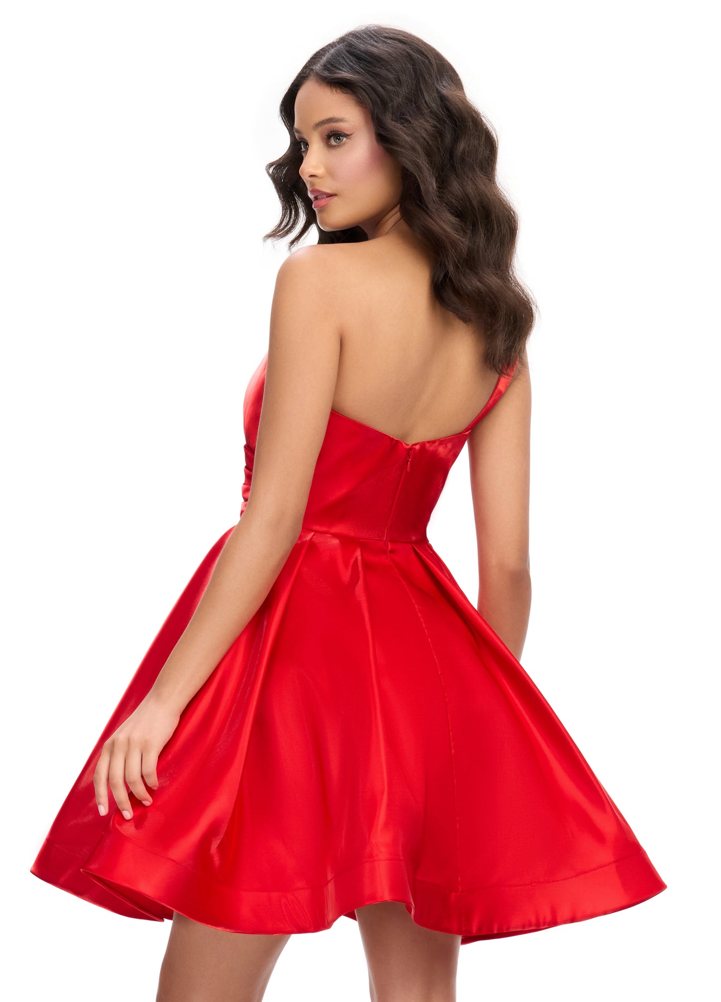 Expertly designed by Ashley Lauren, the 4786 One Shoulder Satin Cocktail Dress boasts a ruched bodice and A line skirt with horsehair trim. Elegantly crafted with high-quality satin, this dress offers a flattering silhouette and timeless style for any special occasion.

Colors:&nbsp; Orchid, Black, Hot Pink, Peacock, Red, White