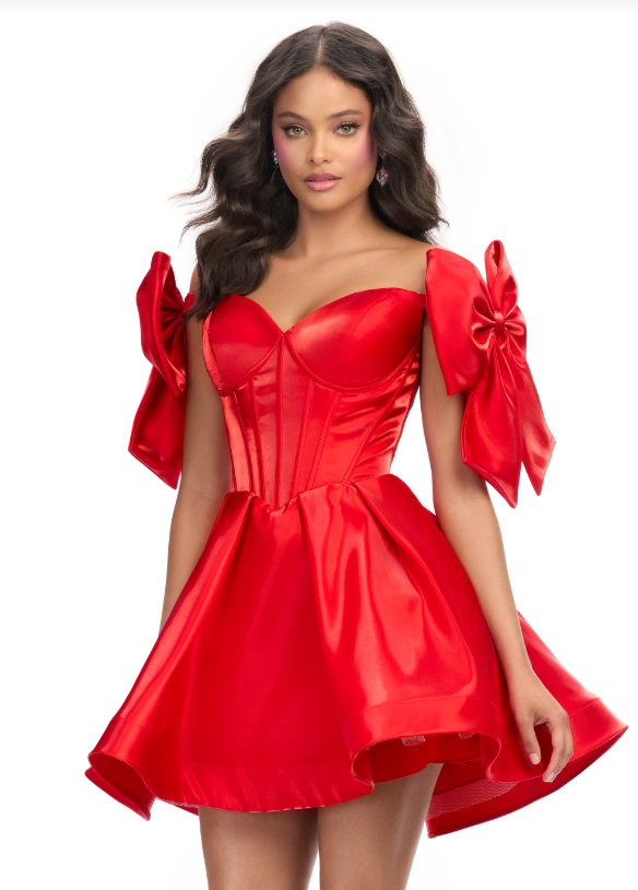 Turn heads in the playful and flirty Ashley Lauren 4788 cocktail dress. The unique corset bodice, off-the-shoulder design, and bow straps add a touch of fun to this A-line dress. Perfect for any special occasion, the short skirt will have you dancing the night away (and looking fabulous!