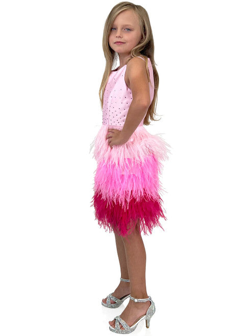 A must-have for the fashion-savvy young girl, this Marc Defang 5118 Girls Short Feather Ombre Pageant Dress features a unique, hand sewn ostrich feather all-over skirt with an ombre pattern and a beaded waistline. Embellished with hand-placed crystals along the top, this dress is fully lined and features a center back invisible zipper for a comfortable fit.  Sizes: 4,5,6,7,8,9,10,11,12,13,14  Colors: Pink, Hot Pink  *Choose Custom color from swatches! allow 25-30 days delivery