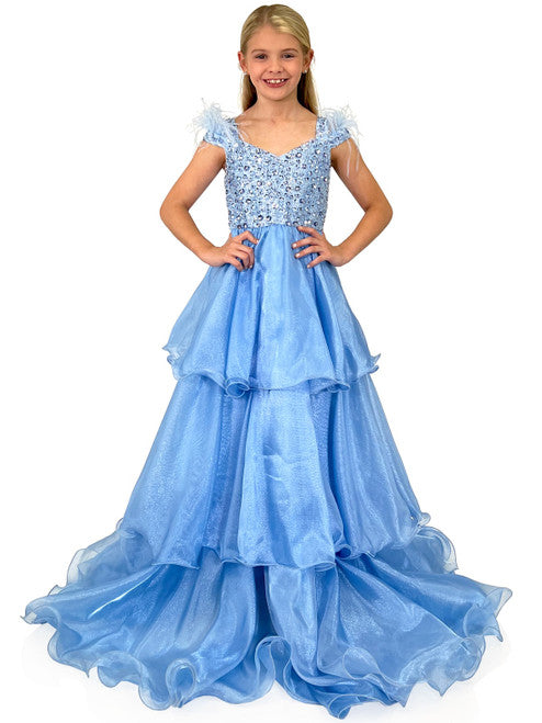 This exquisite Marc Defang 5143 Girls Pageant Dress features a feather off the shoulder straps, fully beaded bodice with shimmering layer organza skirt. The perfect dress for a special occasion, this dress will make your little girl feel like a princess.  Sizes: 4-14  Colors: Lilac, Baby Blue