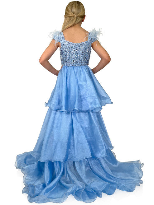 This exquisite Marc Defang 5143 Girls Pageant Dress features a feather off the shoulder straps, fully beaded bodice with shimmering layer organza skirt. The perfect dress for a special occasion, this dress will make your little girl feel like a princess.  Sizes: 4-14  Colors: Lilac, Baby Blue