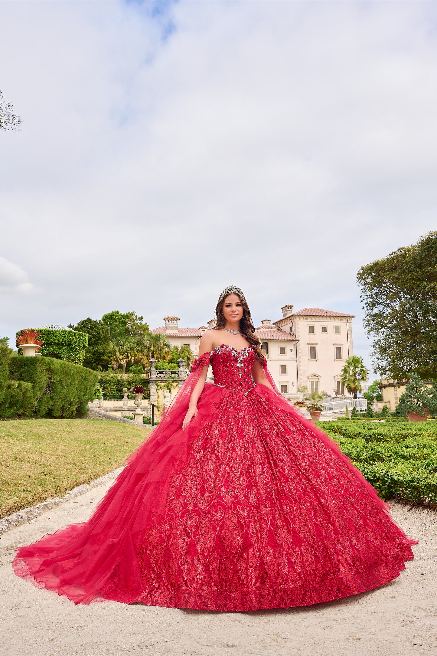 Amarra 54212 Step into enchantment with our beautiful quinceanera gown! Made of luxurious glitter tulle fabric with intricate lace and embroidered patterns, this dress boasts a strapless sweetheart neckline, short sleeves, detachable off-the-shoulder straps, and a cinched waistline for a dreamy silhouette.