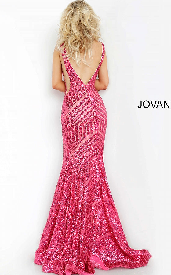 Long Jovani 59762 Prom Dress, Featuring a plunging neckline & A Fully sequined Fitted Mermaid Bodice. This Open V Back Pageant Gown & prom dress is perfect for the stage is has a lush trumpet sequin embellished skirt and sweeping train. 