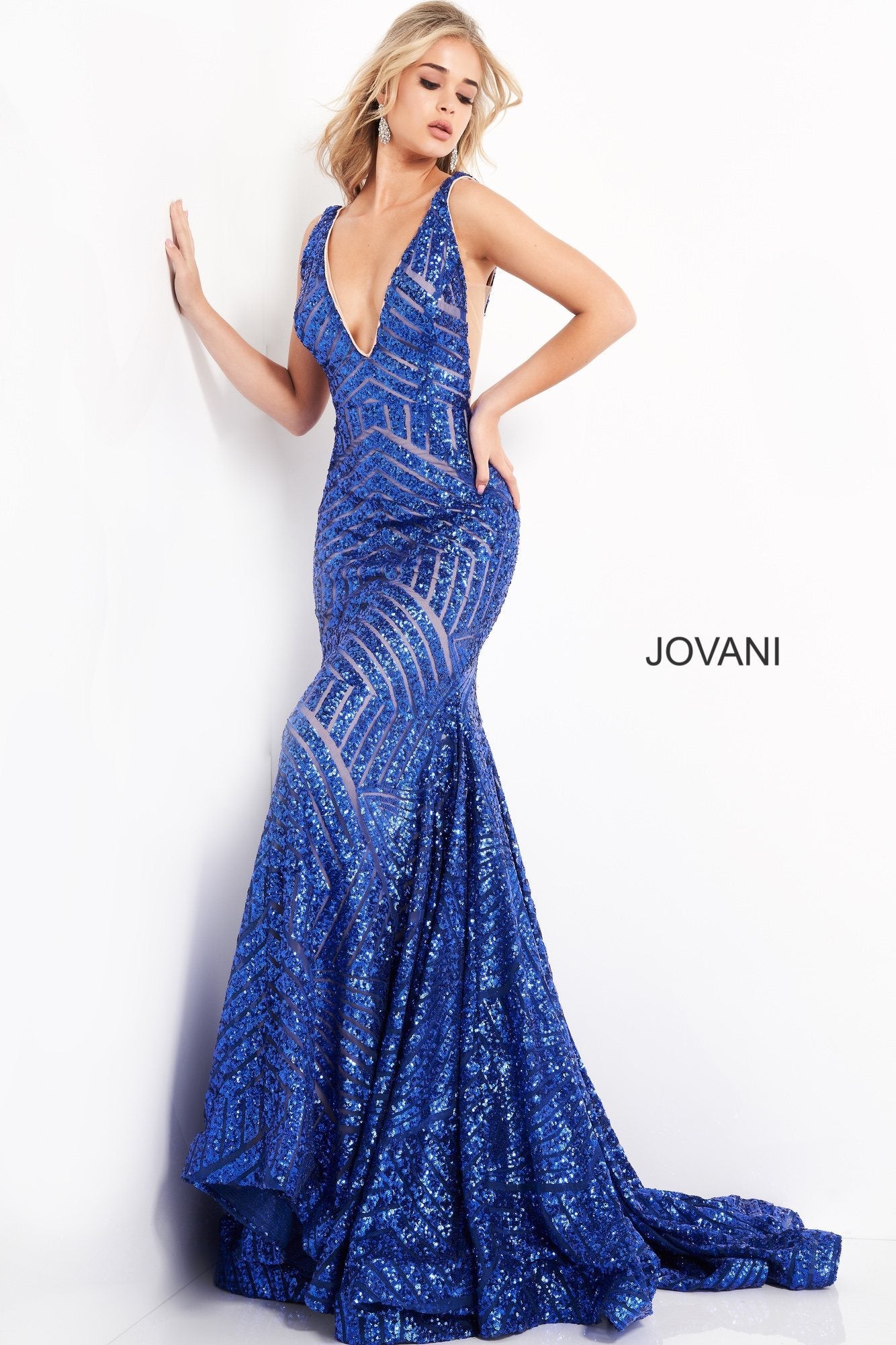 Jovani 59762 Size 4 Iridescent TEAL Sequin Embellished Mermaid Prom Dress Pageant Gown plunging neckline