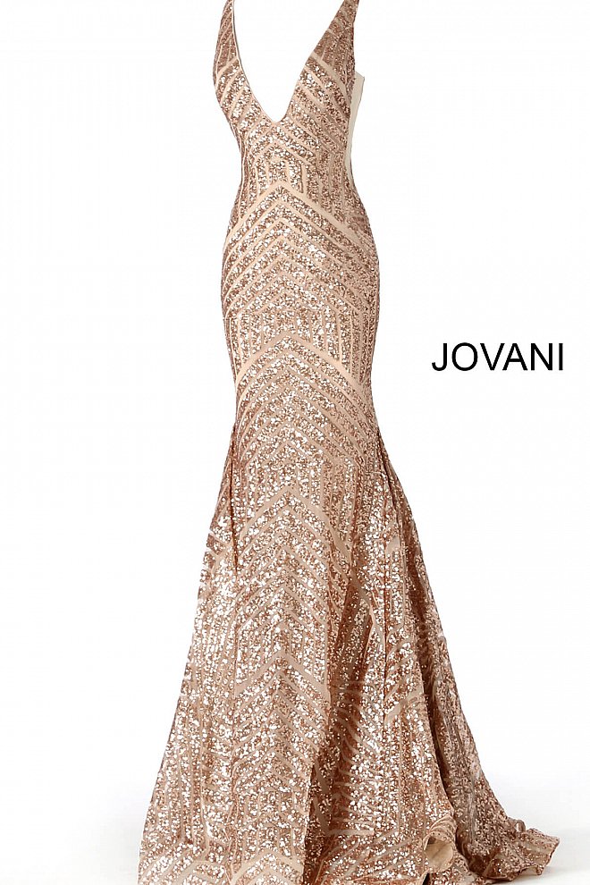 Long Jovani 59762 Prom Dress, Featuring a plunging neckline & A Fully sequined Fitted Mermaid Bodice. This Open V Back Pageant Gown & prom dress is perfect for the stage is has a lush trumpet sequin embellished skirt and sweeping train. 