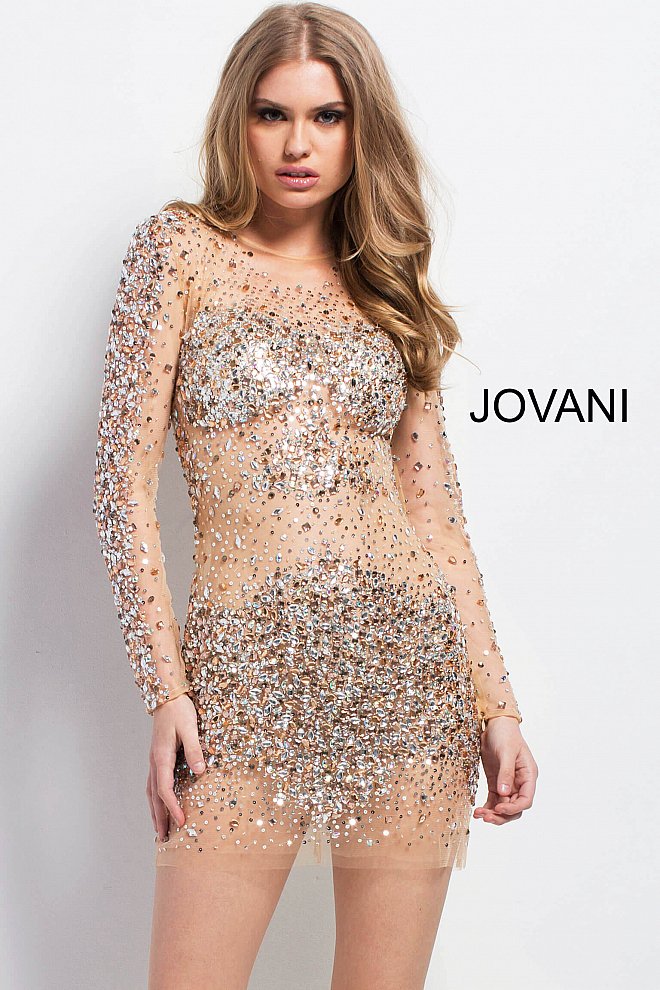 Jovani 7757 Cocktail Dress Sheer Long Sleeve Crystal Short Dress